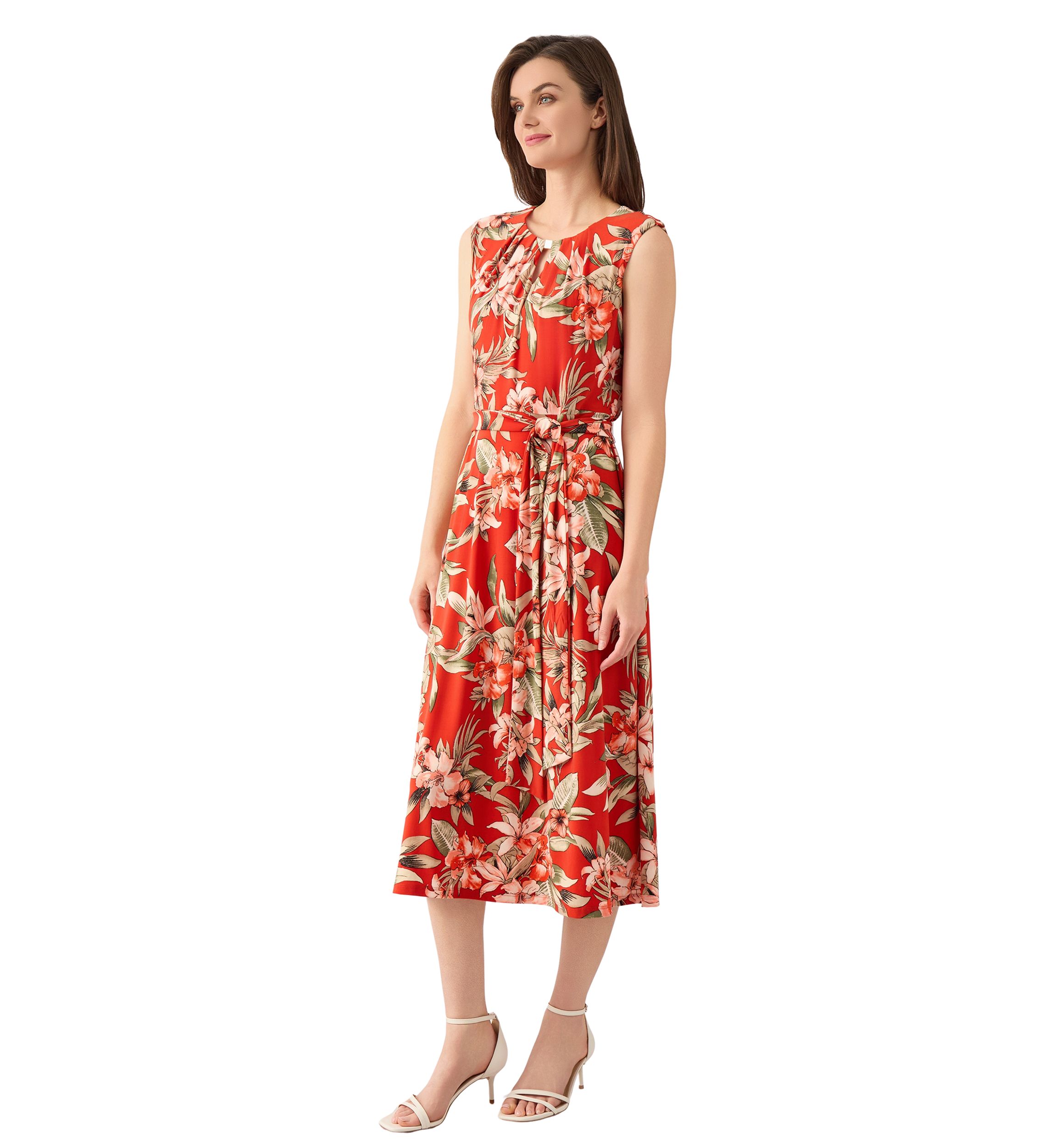 Womens Sleeveless Fit and Flare Pleat Neck Dress