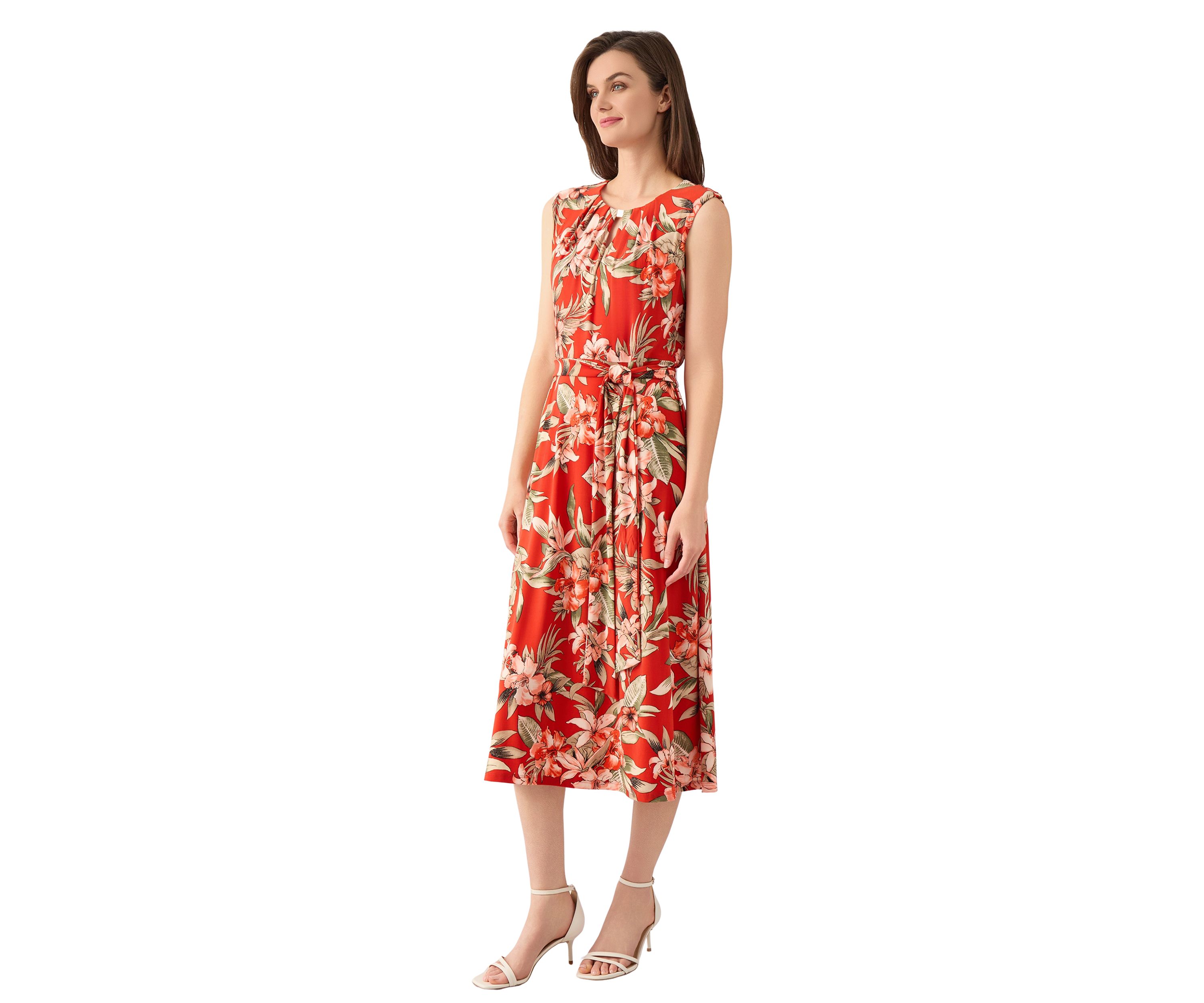 Womens Sleeveless Fit and Flare Pleat Neck Dress
