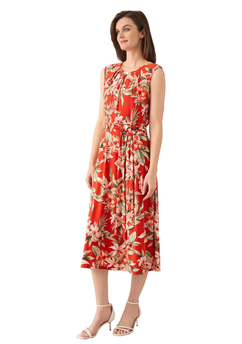 Womens Sleeveless Fit and Flare Pleat Neck Dress