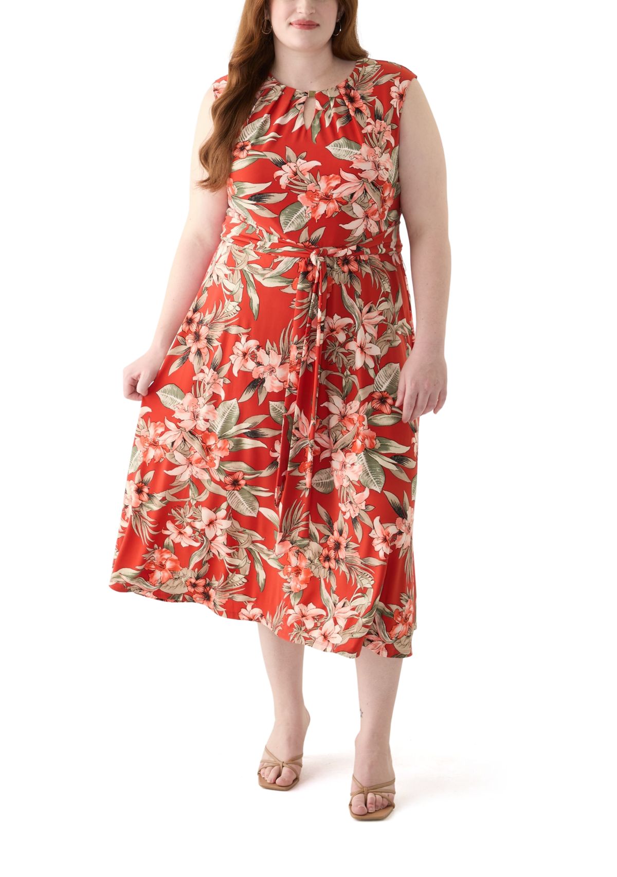 Plus Size Tropical Floral Print Pleat Neck Knit Dress 