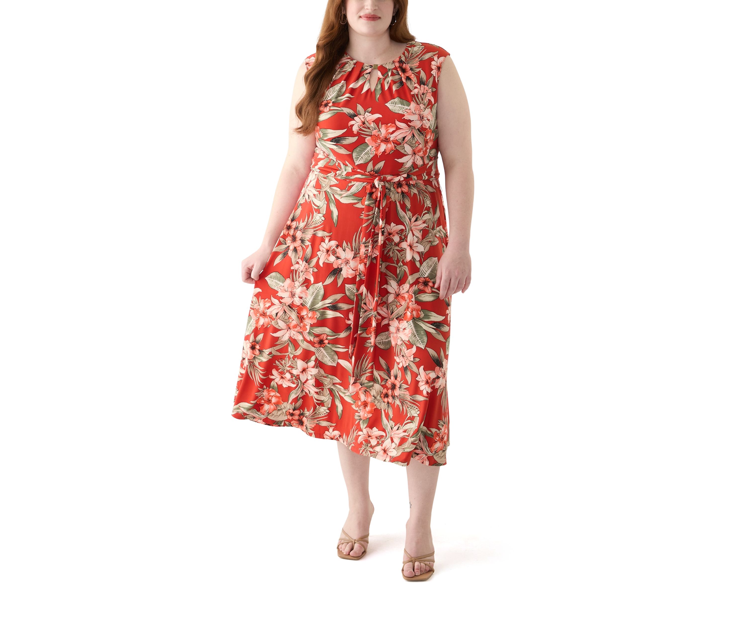 Plus Size Tropical Floral Print Pleat Neck Knit Dress 