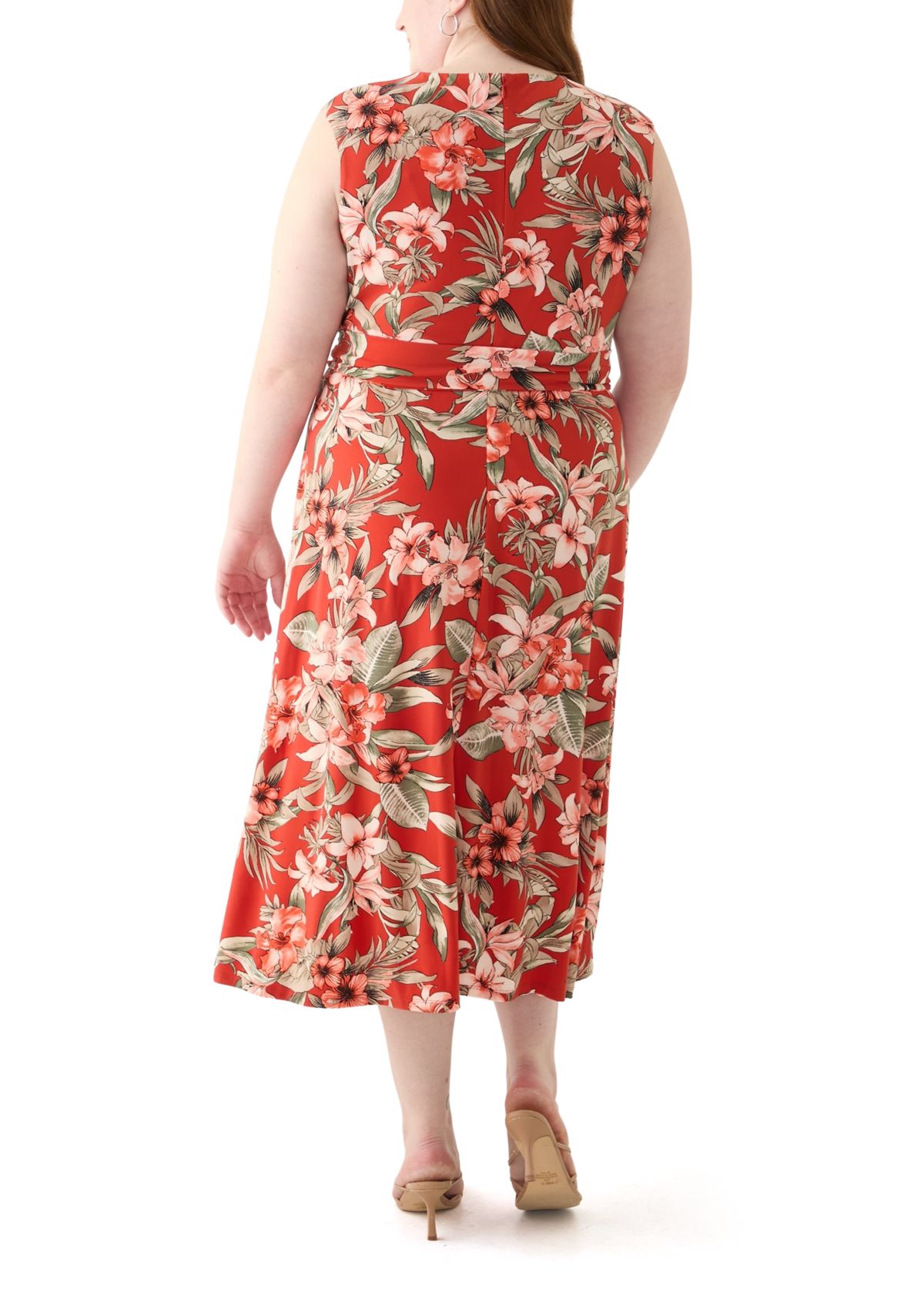 Plus Size Tropical Floral Print Pleat Neck Knit Dress 