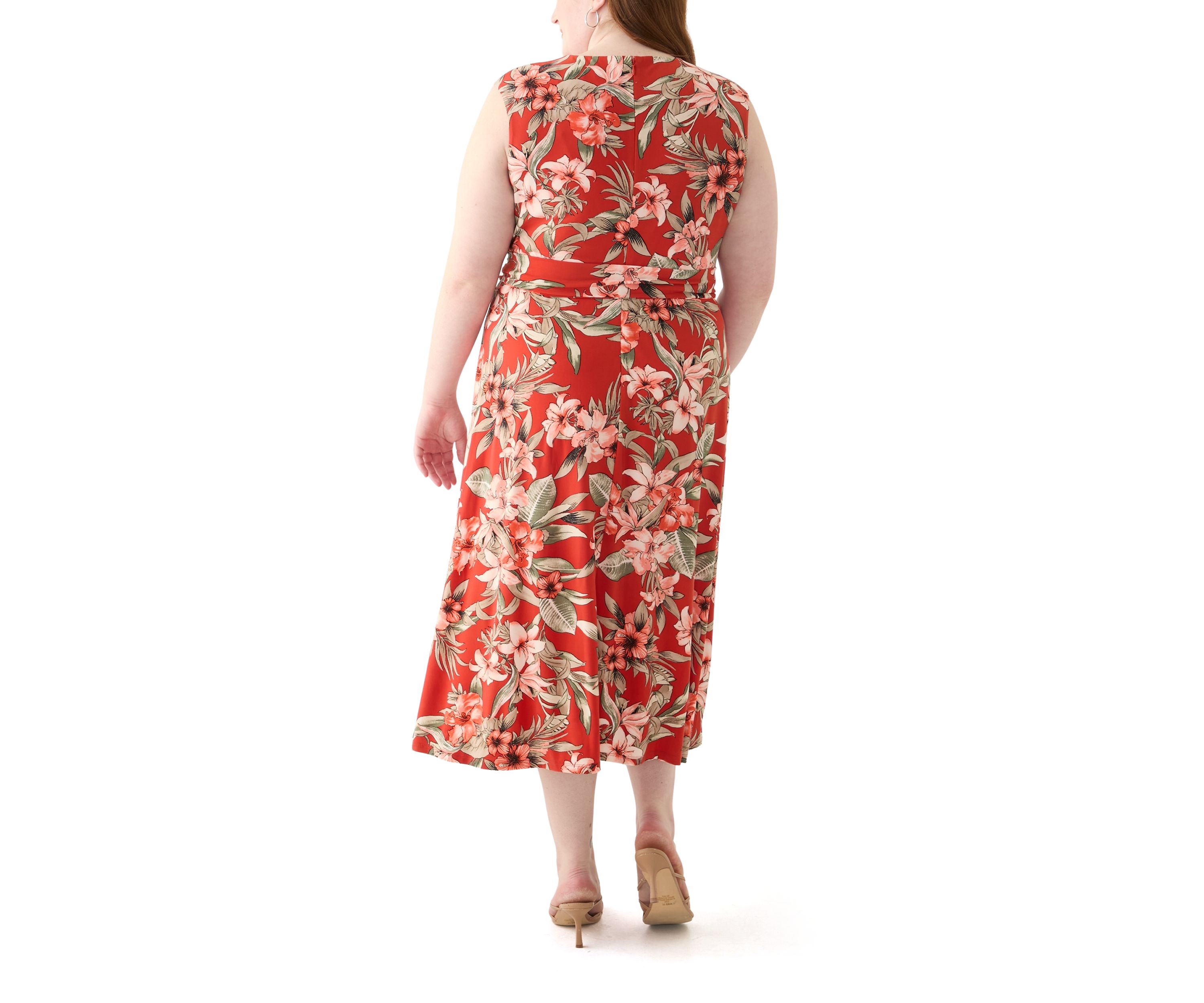 Plus Size Tropical Floral Print Pleat Neck Knit Dress 