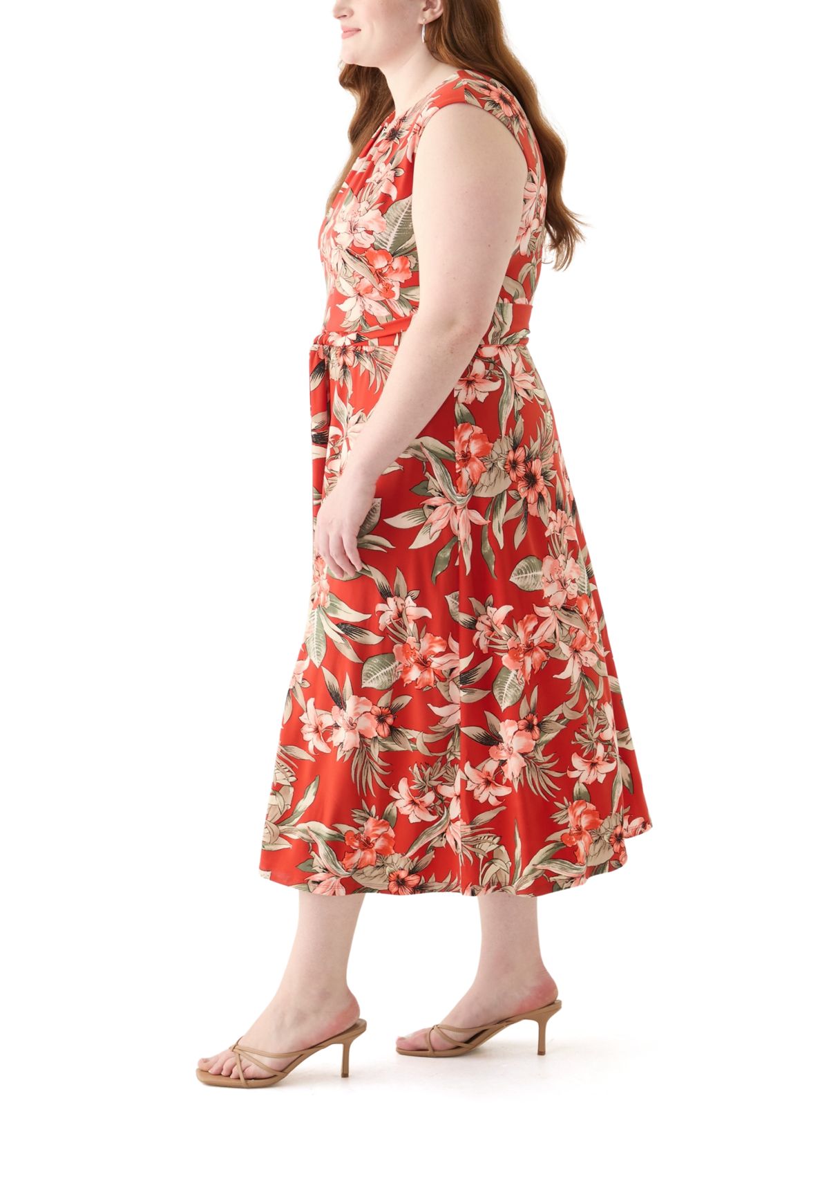 Plus Size Tropical Floral Print Pleat Neck Knit Dress 