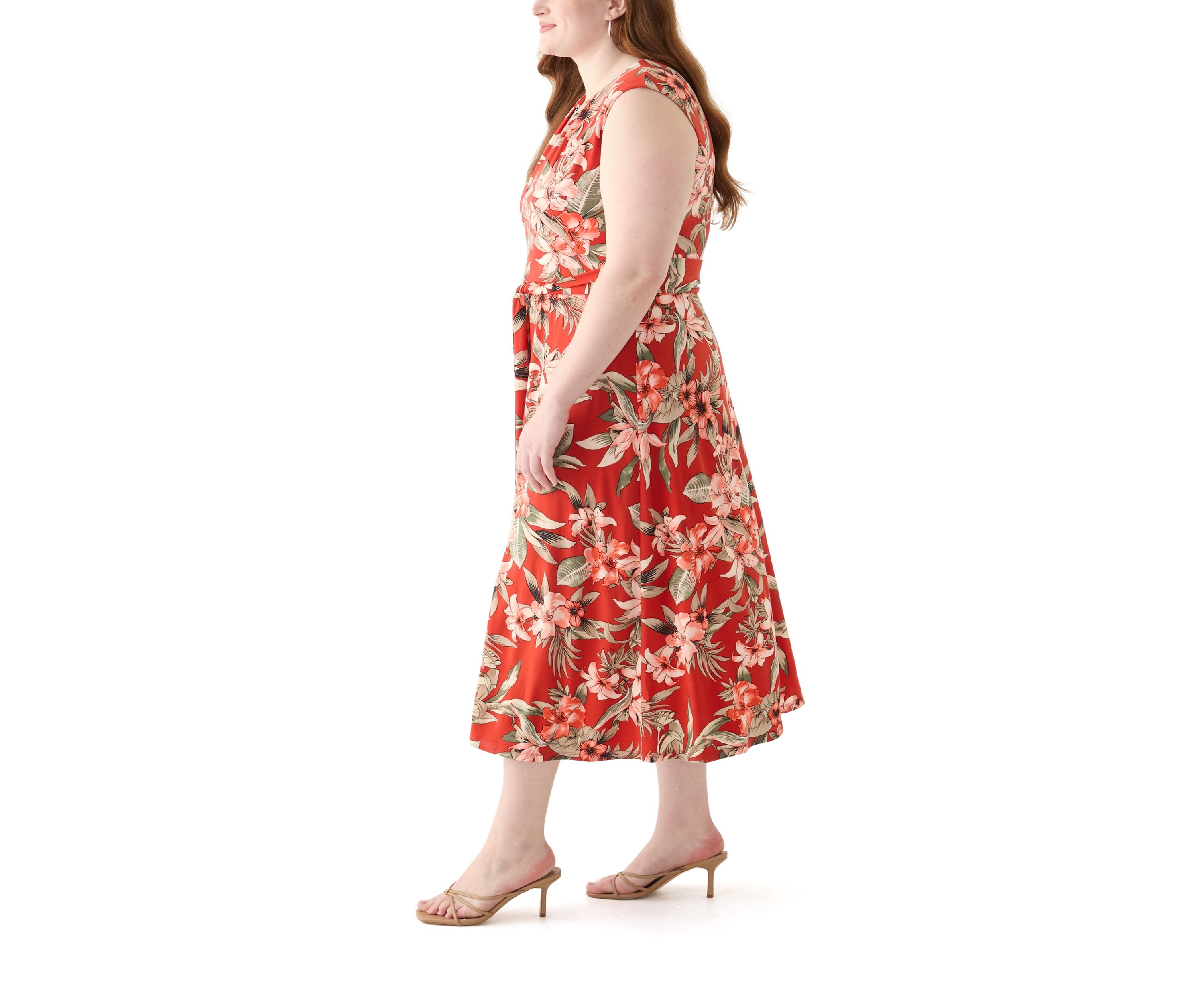 Plus Size Tropical Floral Print Pleat Neck Knit Dress 