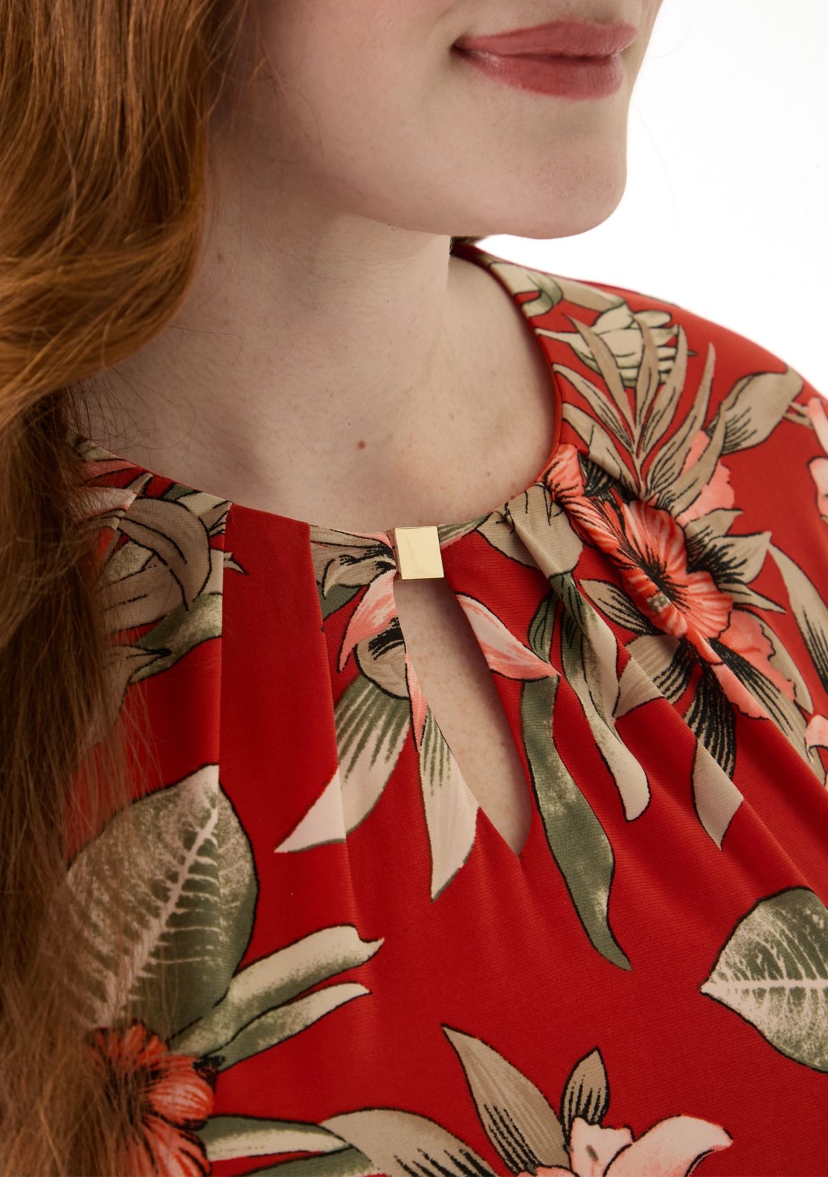 Plus Size Tropical Floral Print Pleat Neck Knit Dress 