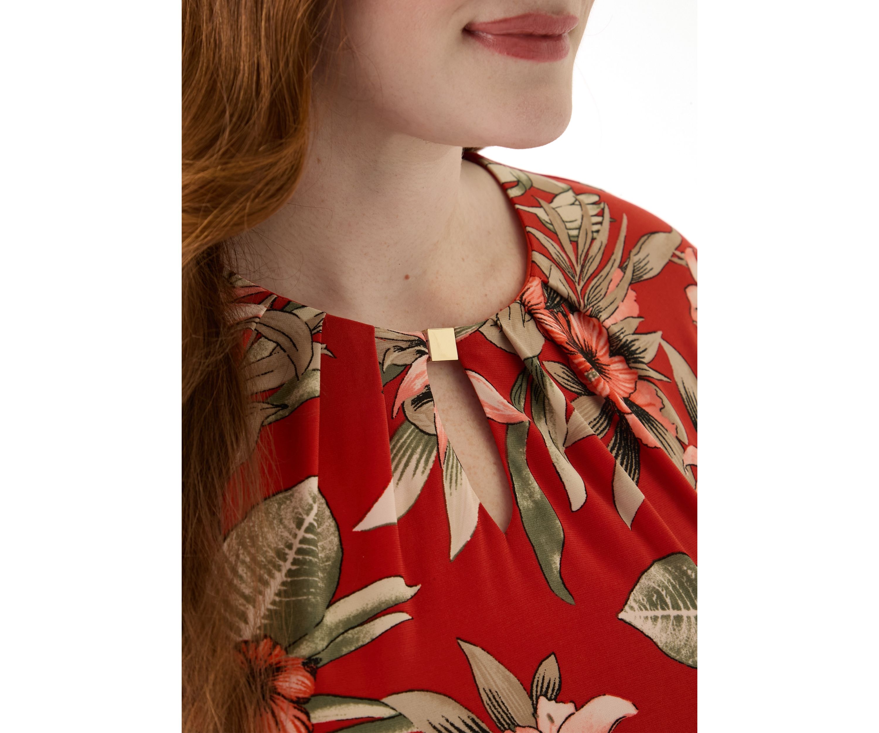 Plus Size Tropical Floral Print Pleat Neck Knit Dress 