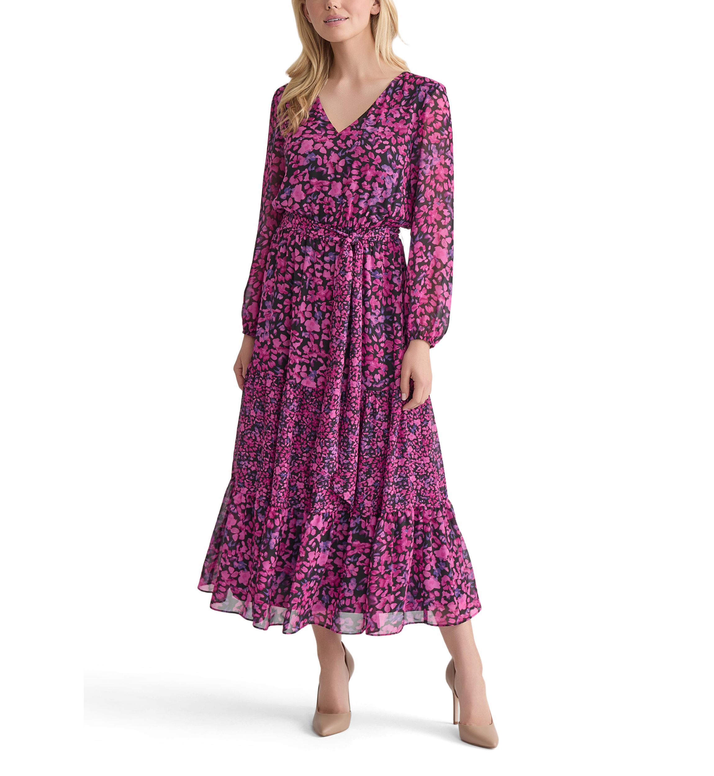 Womens Mini Floral Printed Long Sleeve Tiered Dress