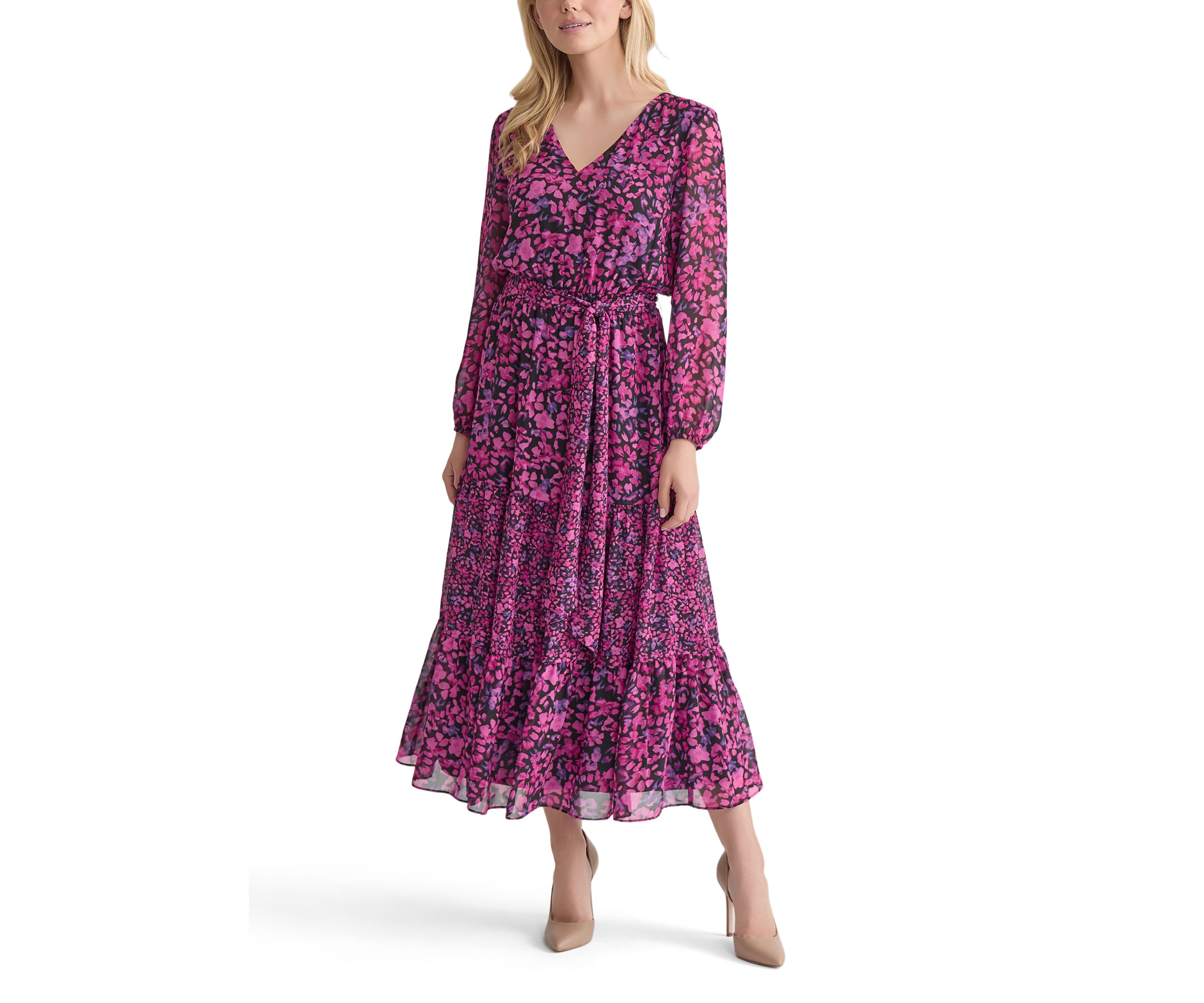Womens Mini Floral Printed Long Sleeve Tiered Dress