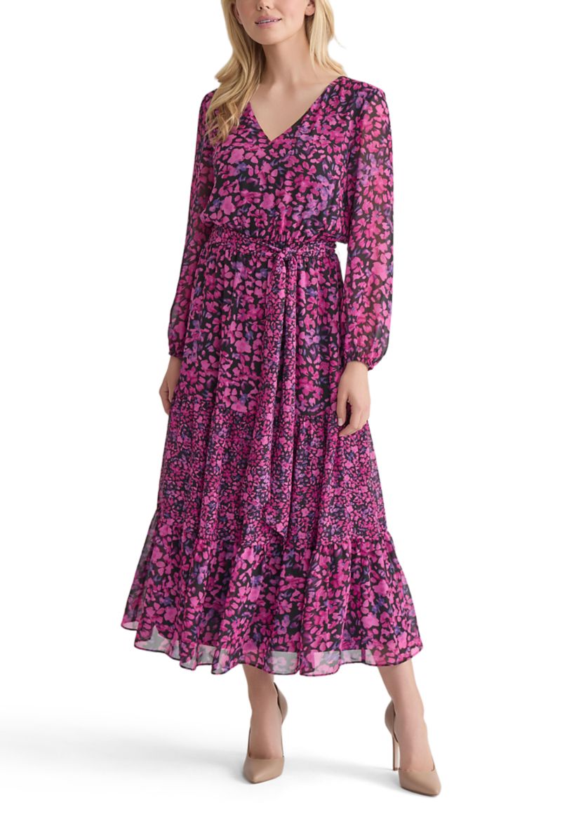 Womens Mini Floral Printed Long Sleeve Tiered Dress