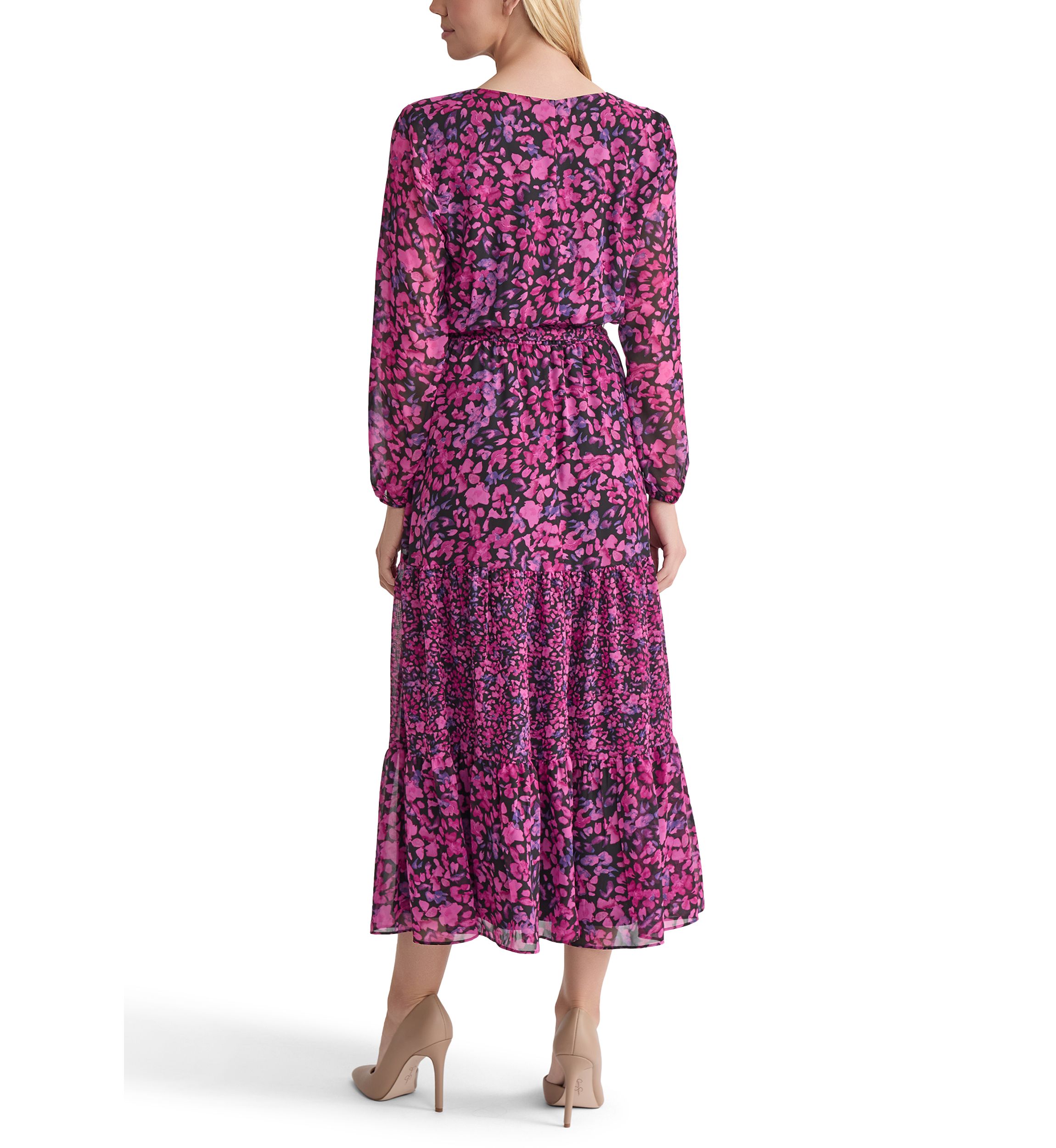 Womens Mini Floral Printed Long Sleeve Tiered Dress