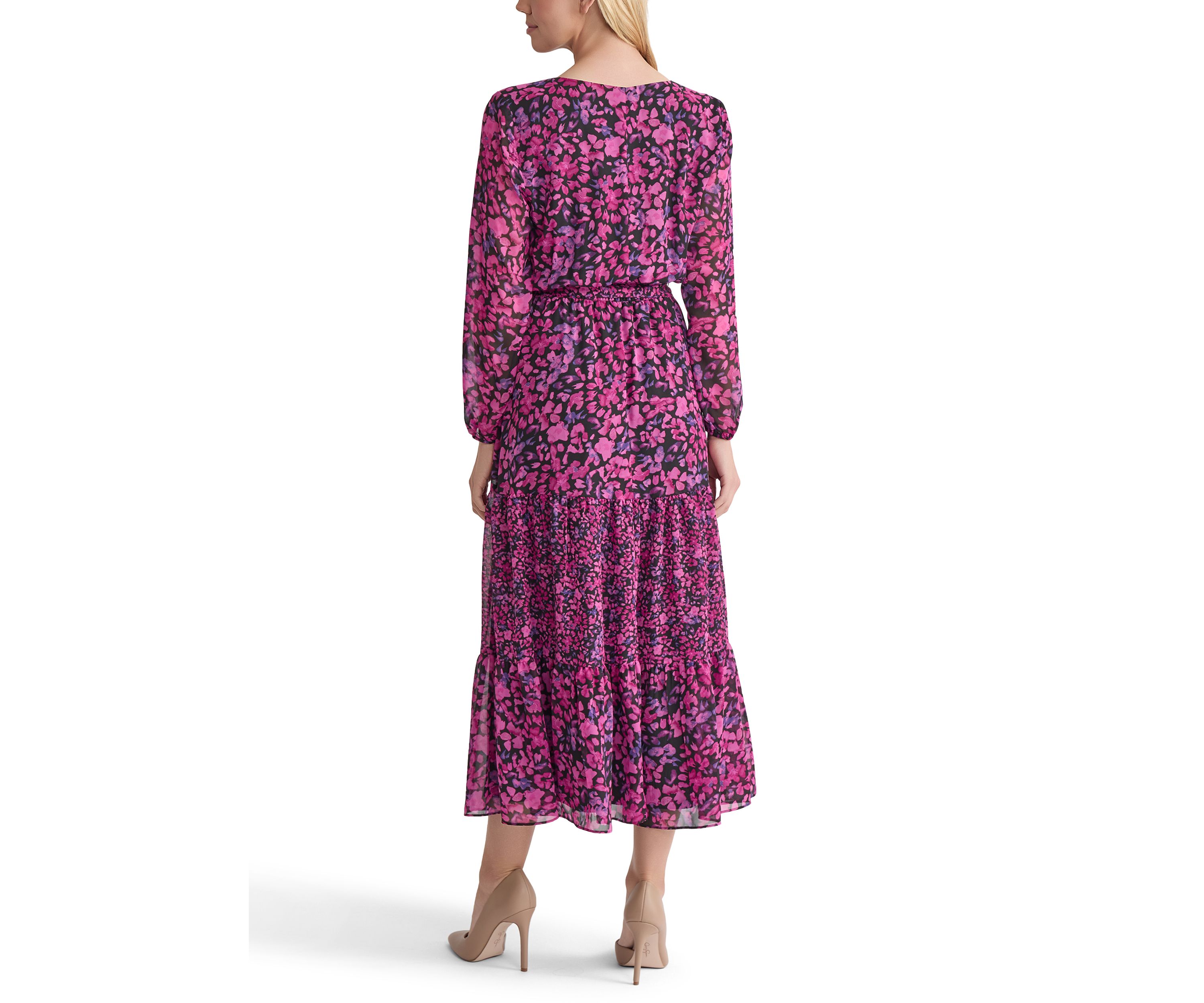 Womens Mini Floral Printed Long Sleeve Tiered Dress