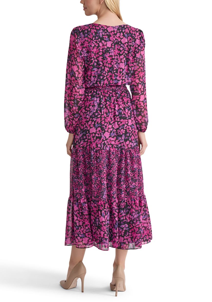 Womens Mini Floral Printed Long Sleeve Tiered Dress