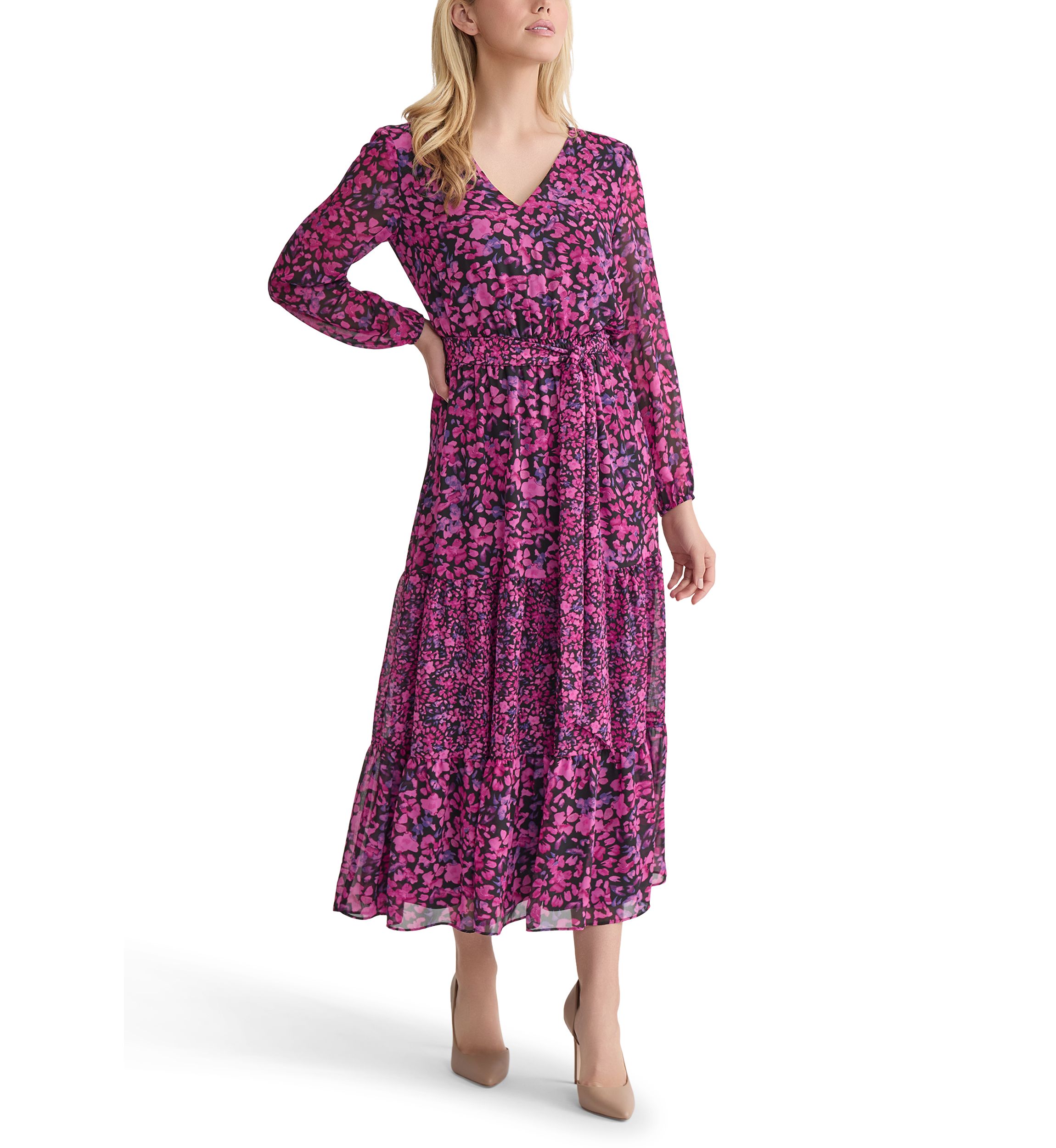 Womens Mini Floral Printed Long Sleeve Tiered Dress
