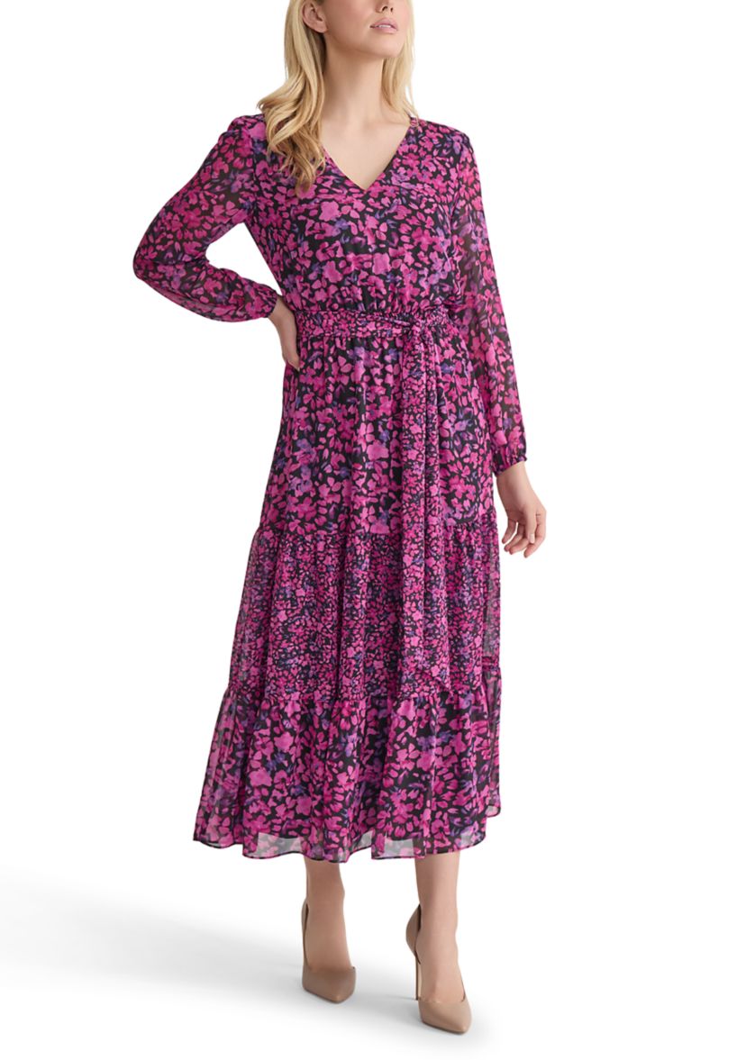 Womens Mini Floral Printed Long Sleeve Tiered Dress