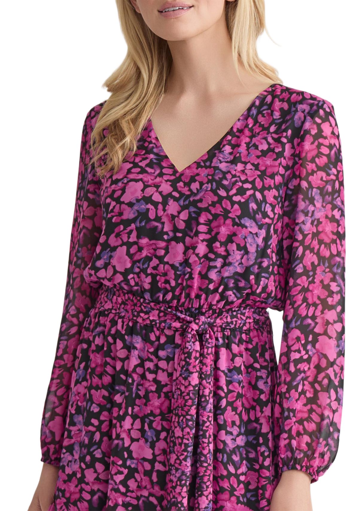 Womens Mini Floral Printed Long Sleeve Tiered Dress