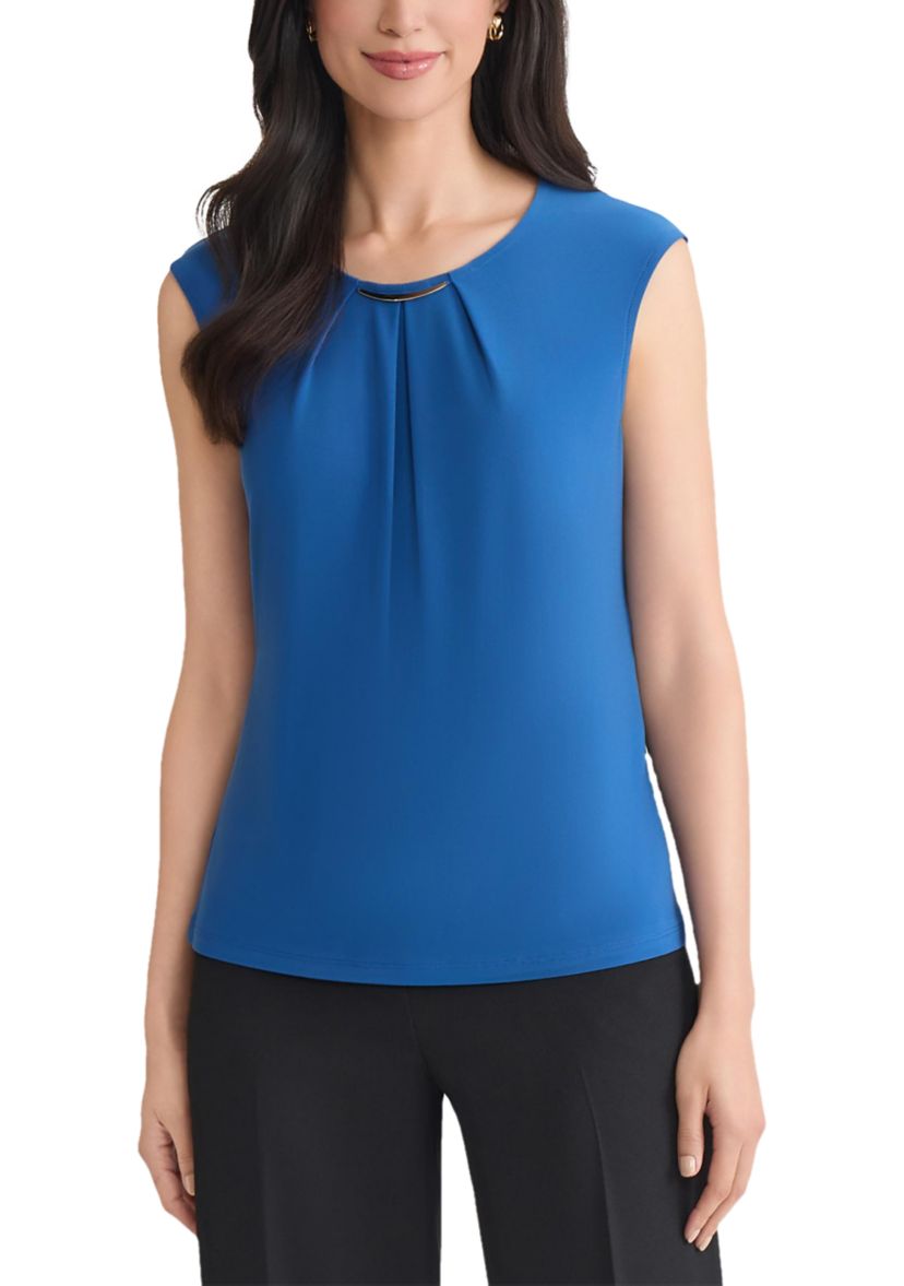 Womens Pleat Neck Knit Top with Hardware 