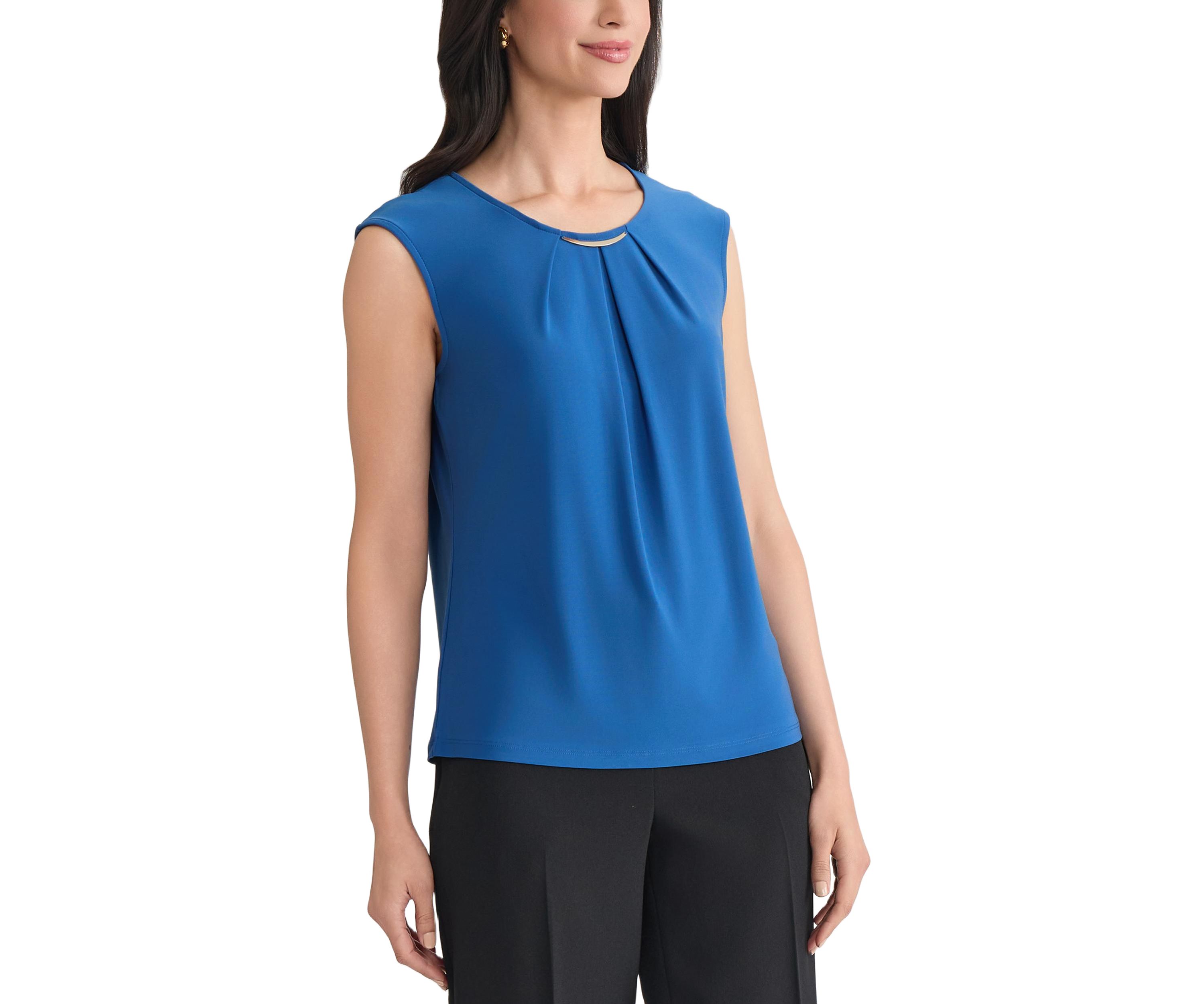 Womens Pleat Neck Knit Top with Hardware 
