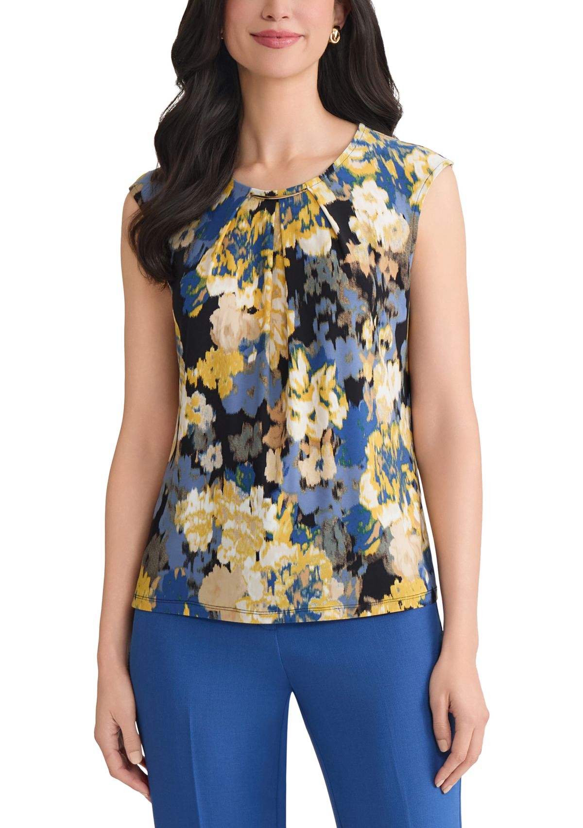 Womens Multi Floral Pleat Neck Knit Top with Hardware