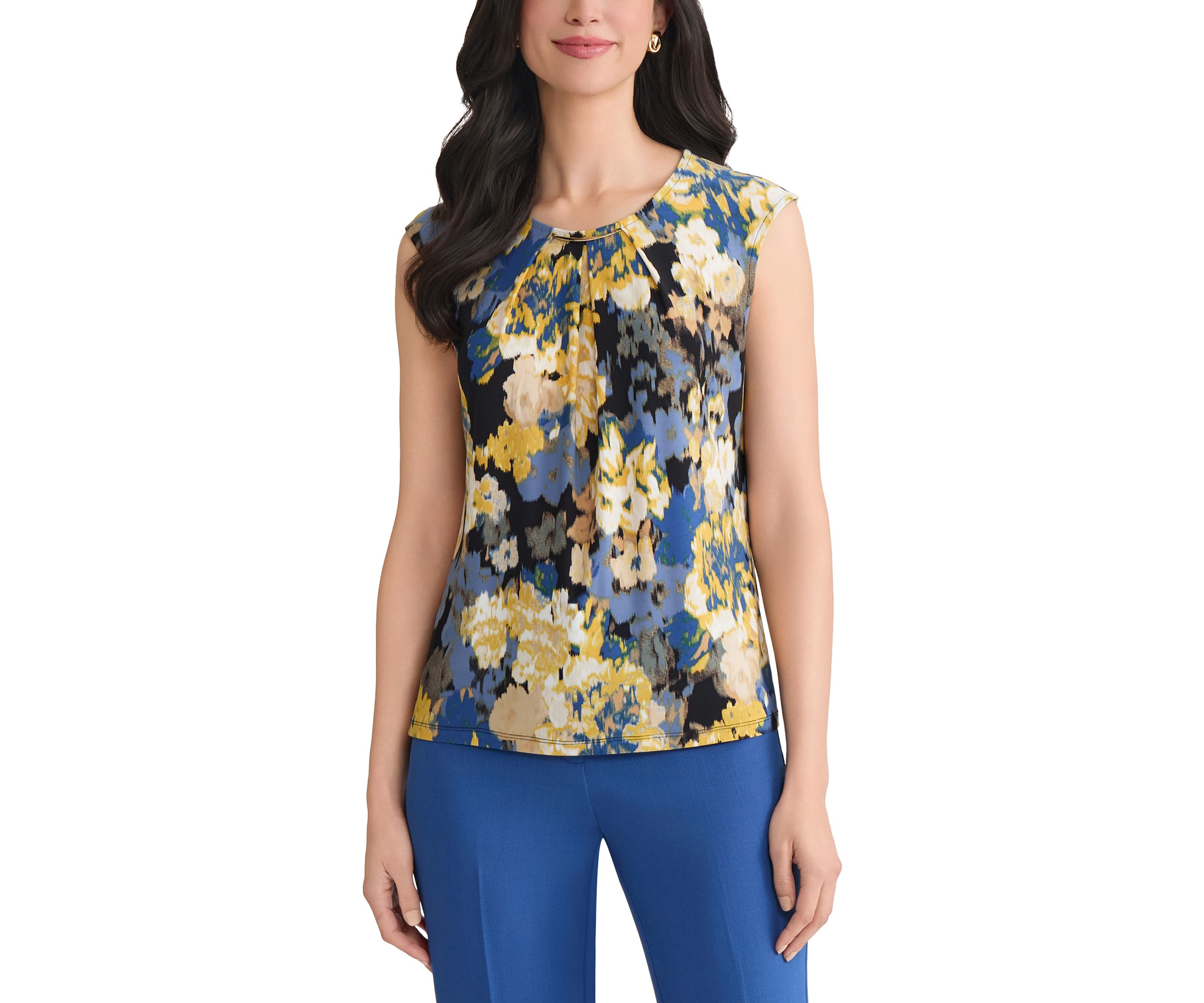 Womens Multi Floral Pleat Neck Knit Top with Hardware