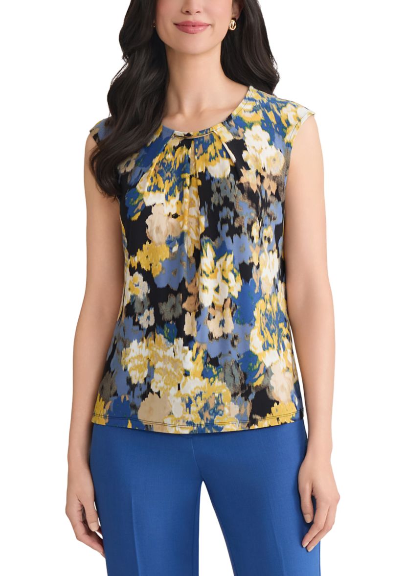 Womens Multi Floral Pleat Neck Knit Top with Hardware