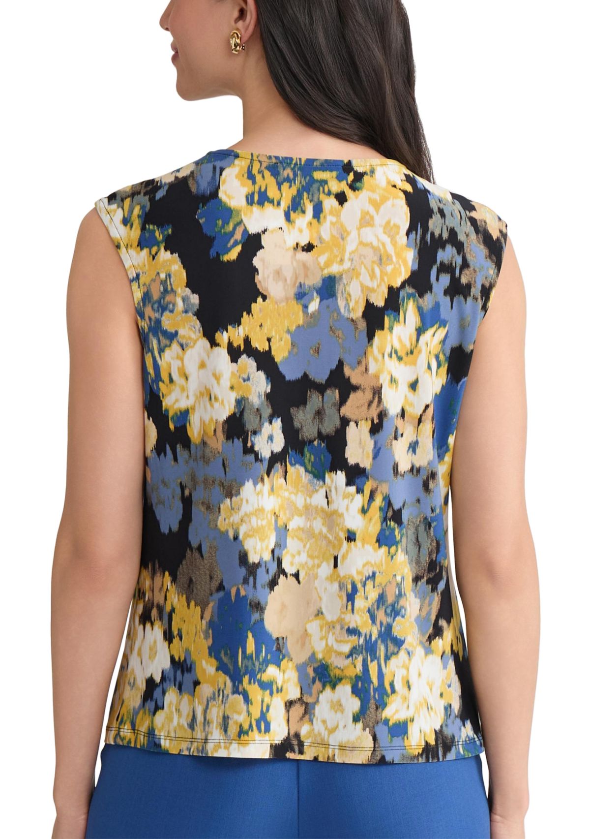 Womens Multi Floral Pleat Neck Knit Top with Hardware