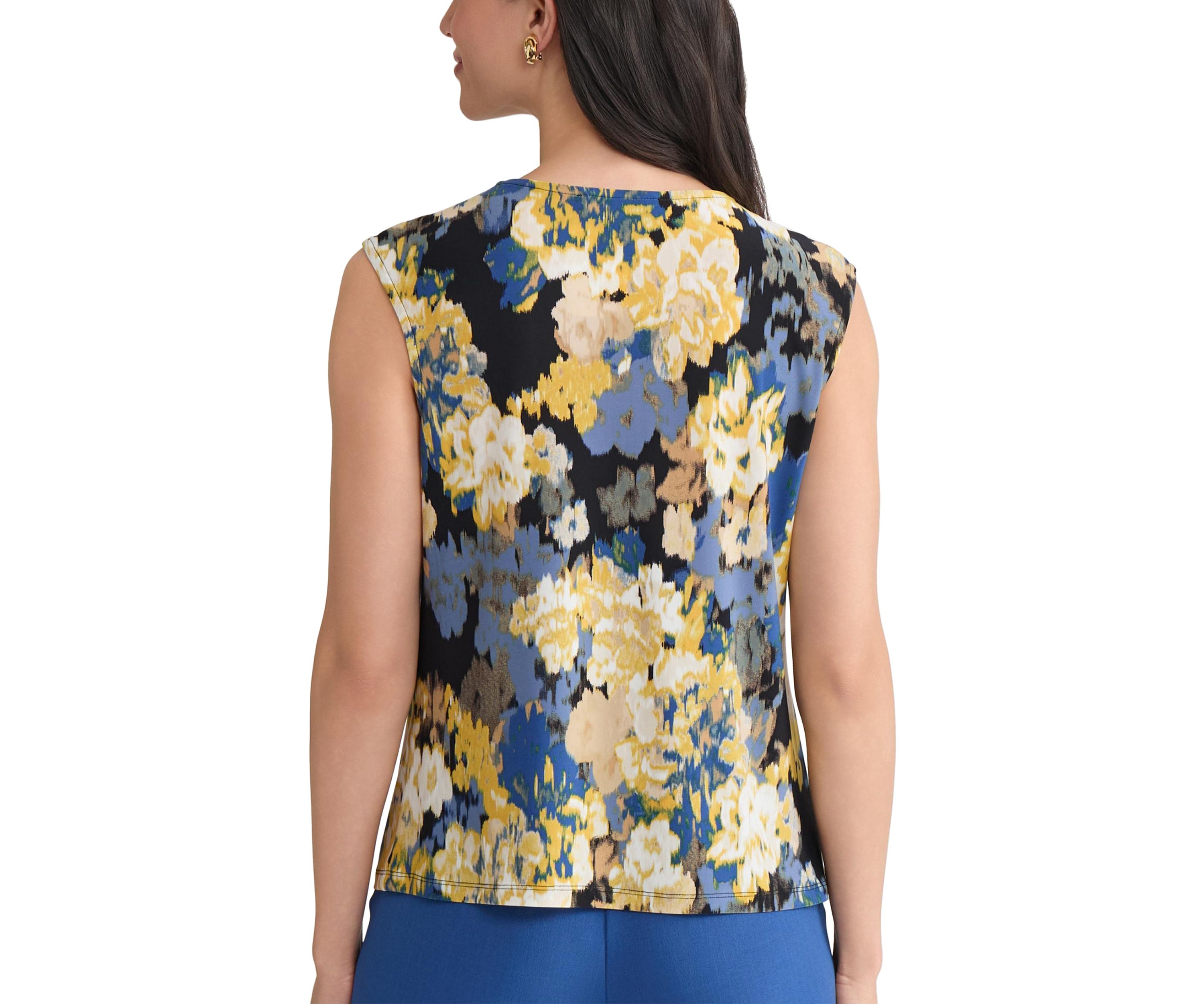 Womens Multi Floral Pleat Neck Knit Top with Hardware