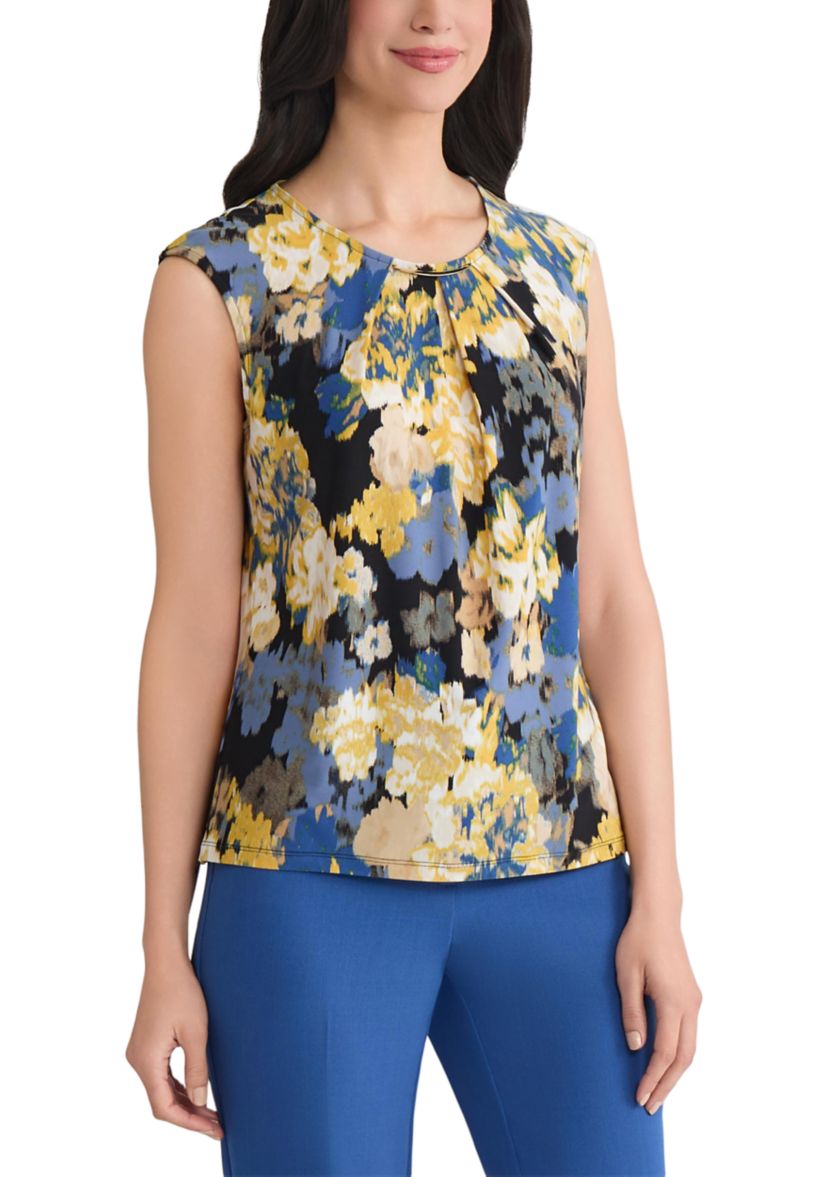 Womens Multi Floral Pleat Neck Knit Top with Hardware