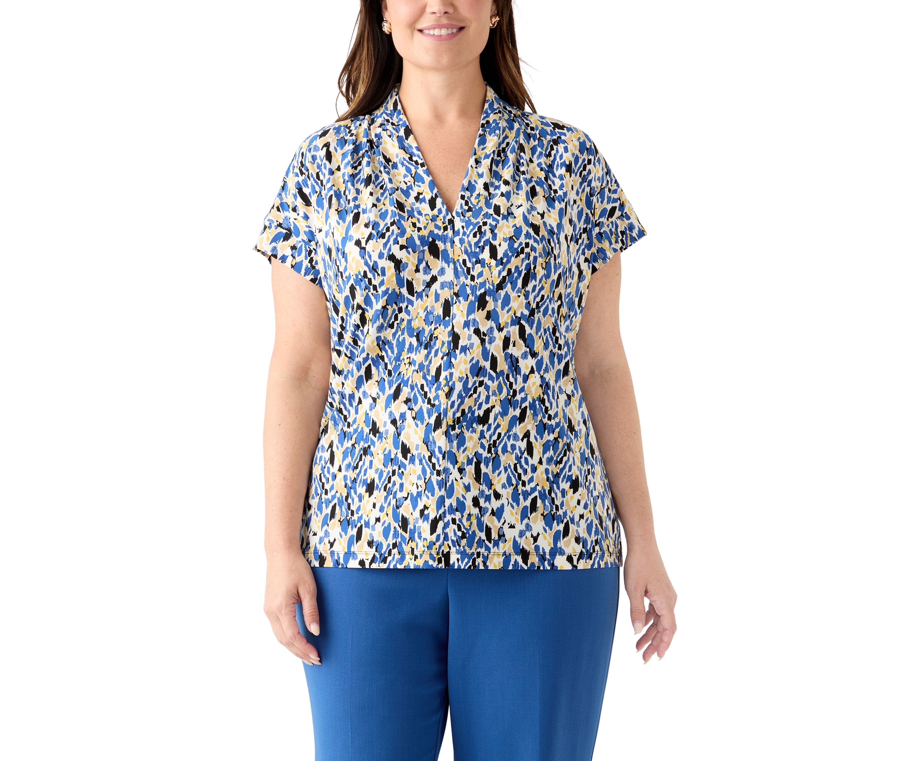 Plus Size Multi Print Funnel Neck Knit Top