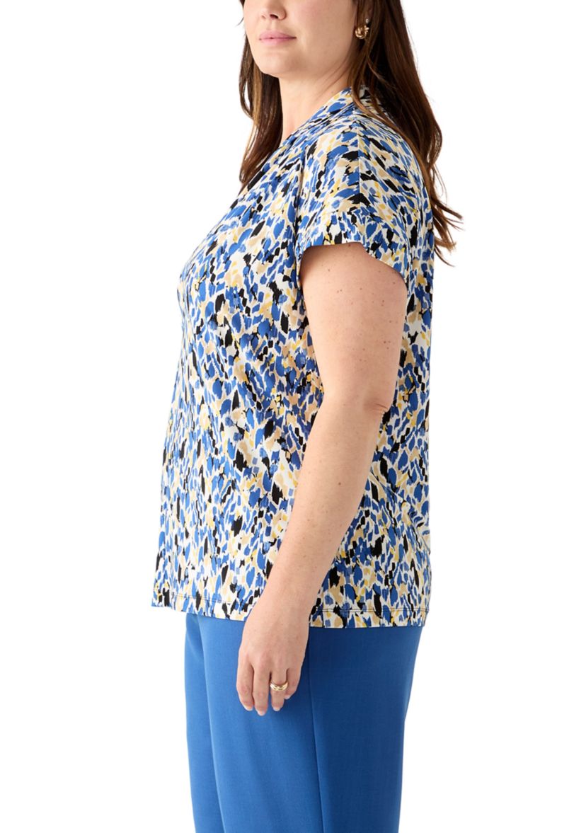 Plus Size Multi Print Funnel Neck Knit Top