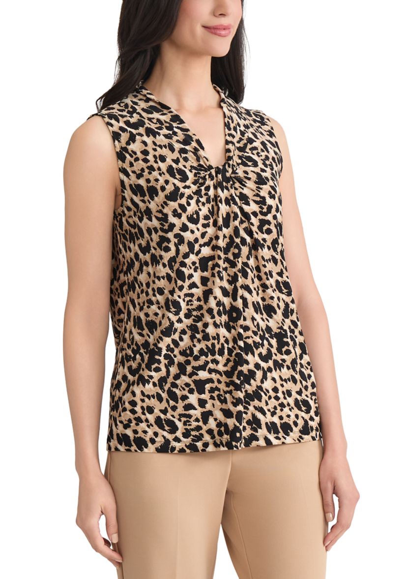 Womens Animal Print Knot Neck Knit Top 