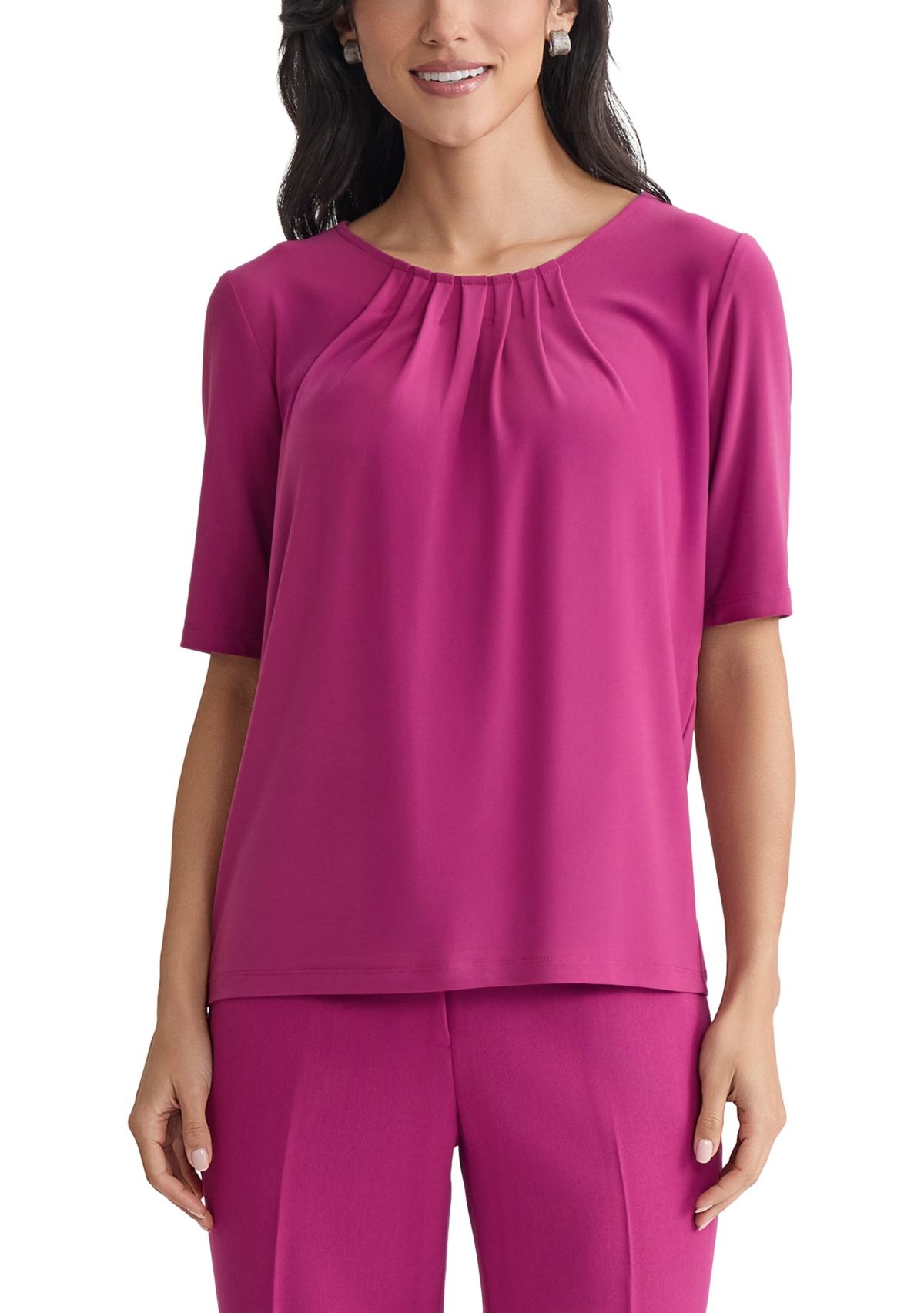 Womens Elbow Sleeve Pleat Neck Knit Top 