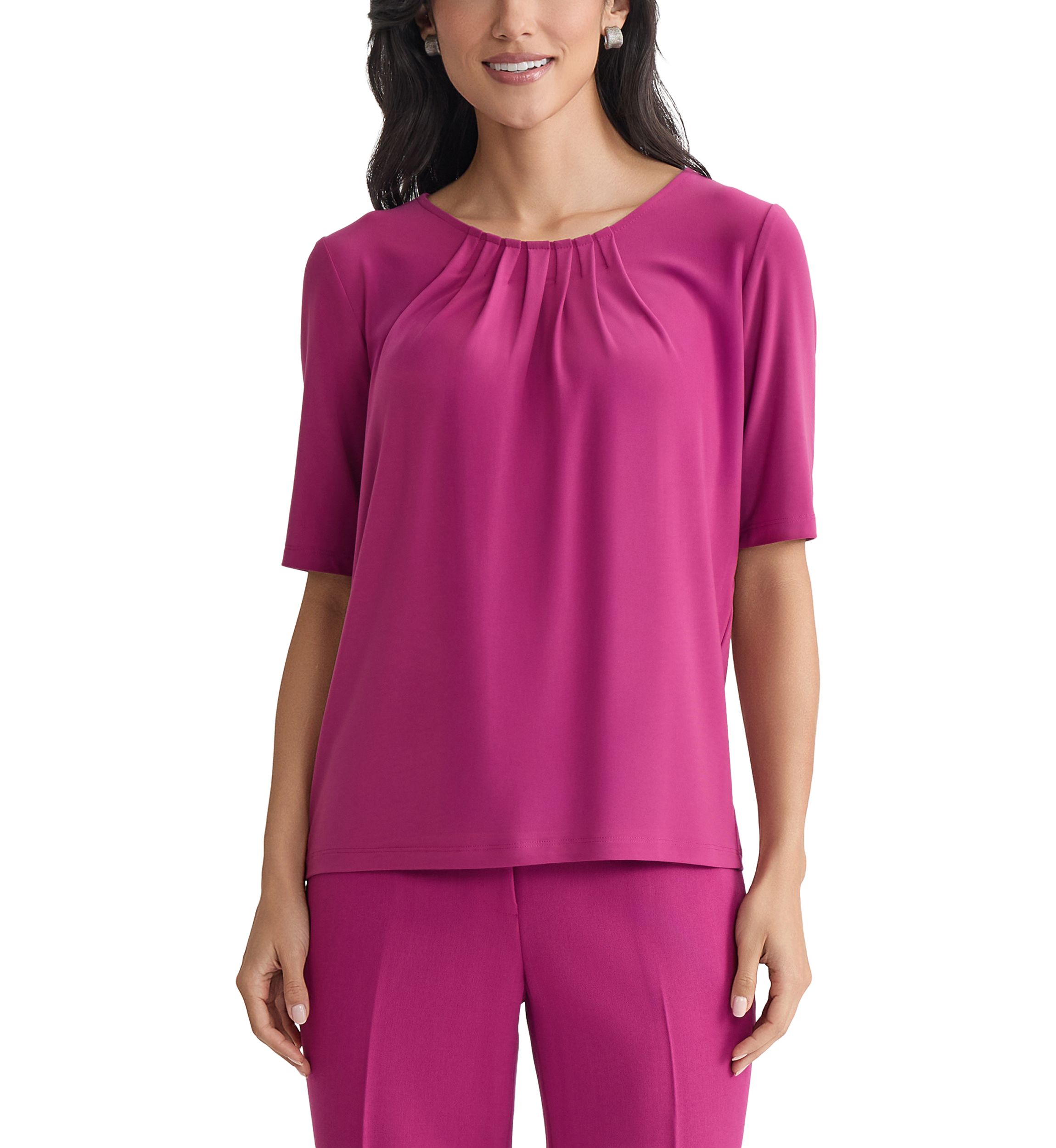 Womens Elbow Sleeve Pleat Neck Knit Top 