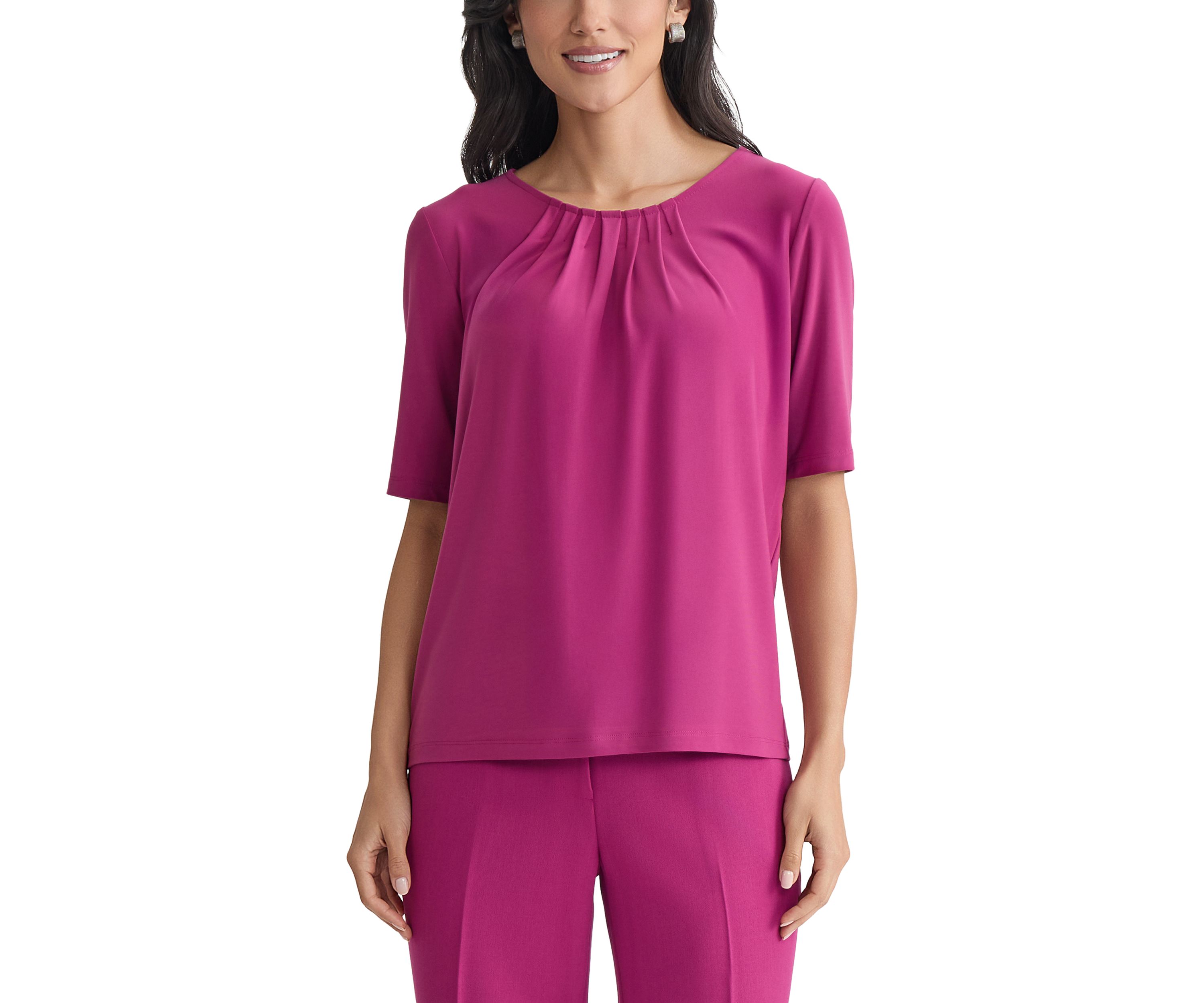 Womens Elbow Sleeve Pleat Neck Knit Top 