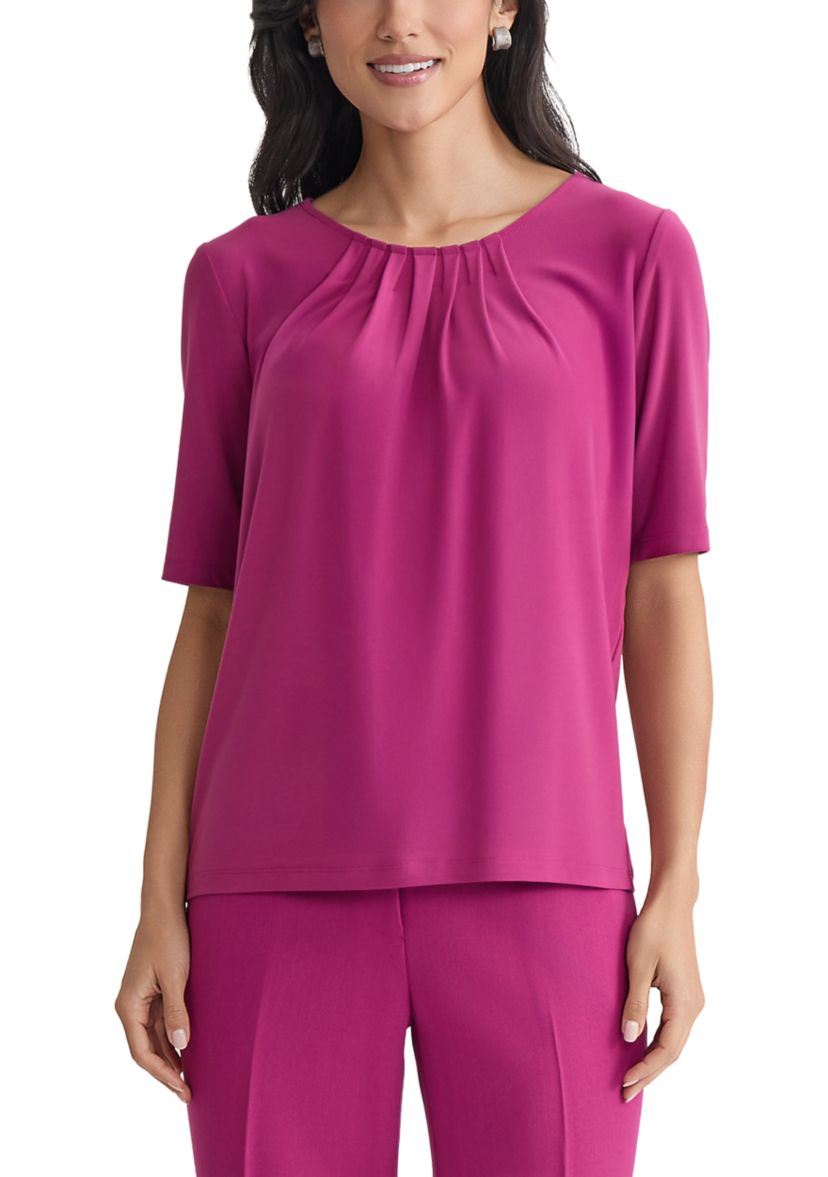 Womens Elbow Sleeve Pleat Neck Knit Top 