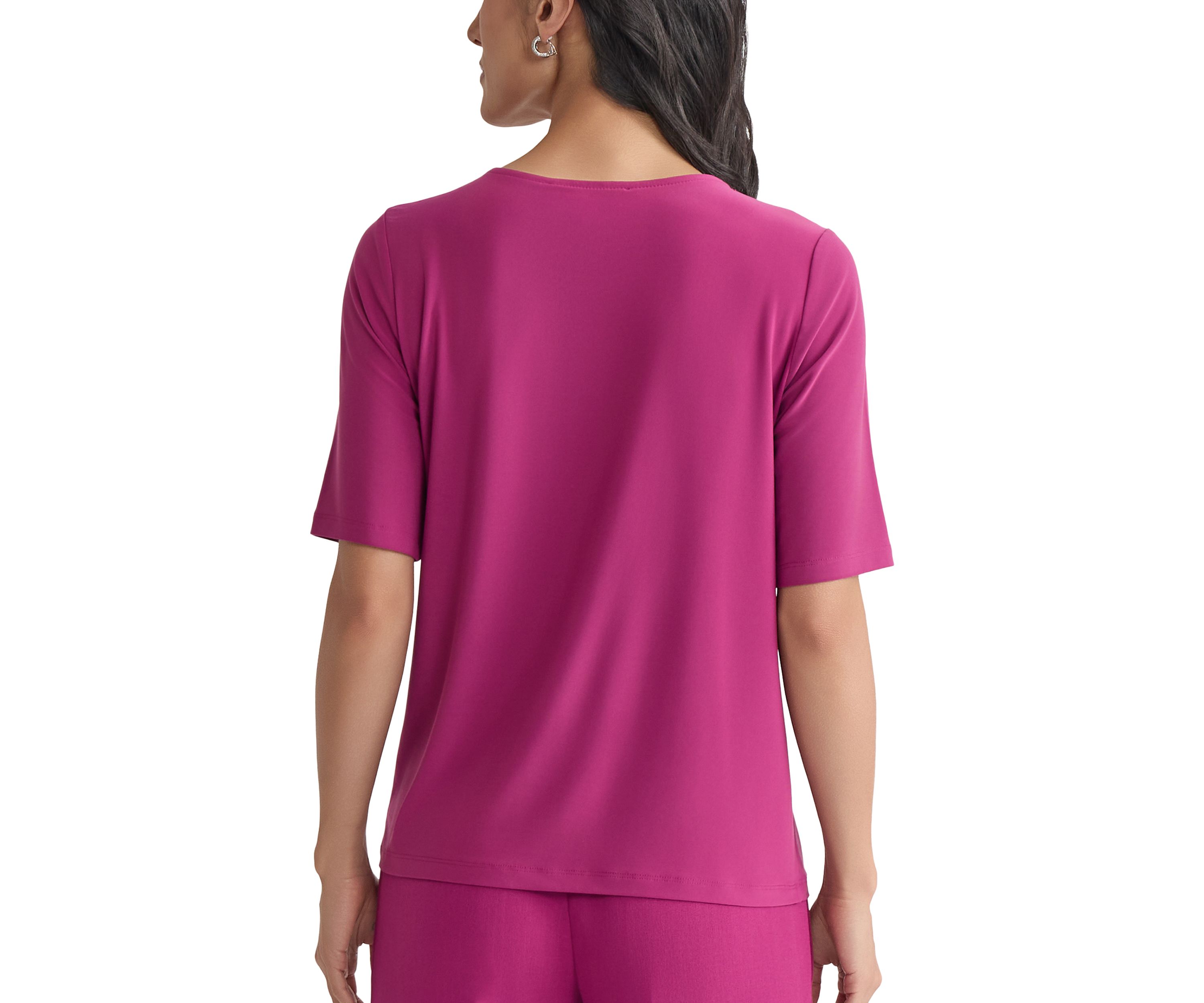 Womens Elbow Sleeve Pleat Neck Knit Top 