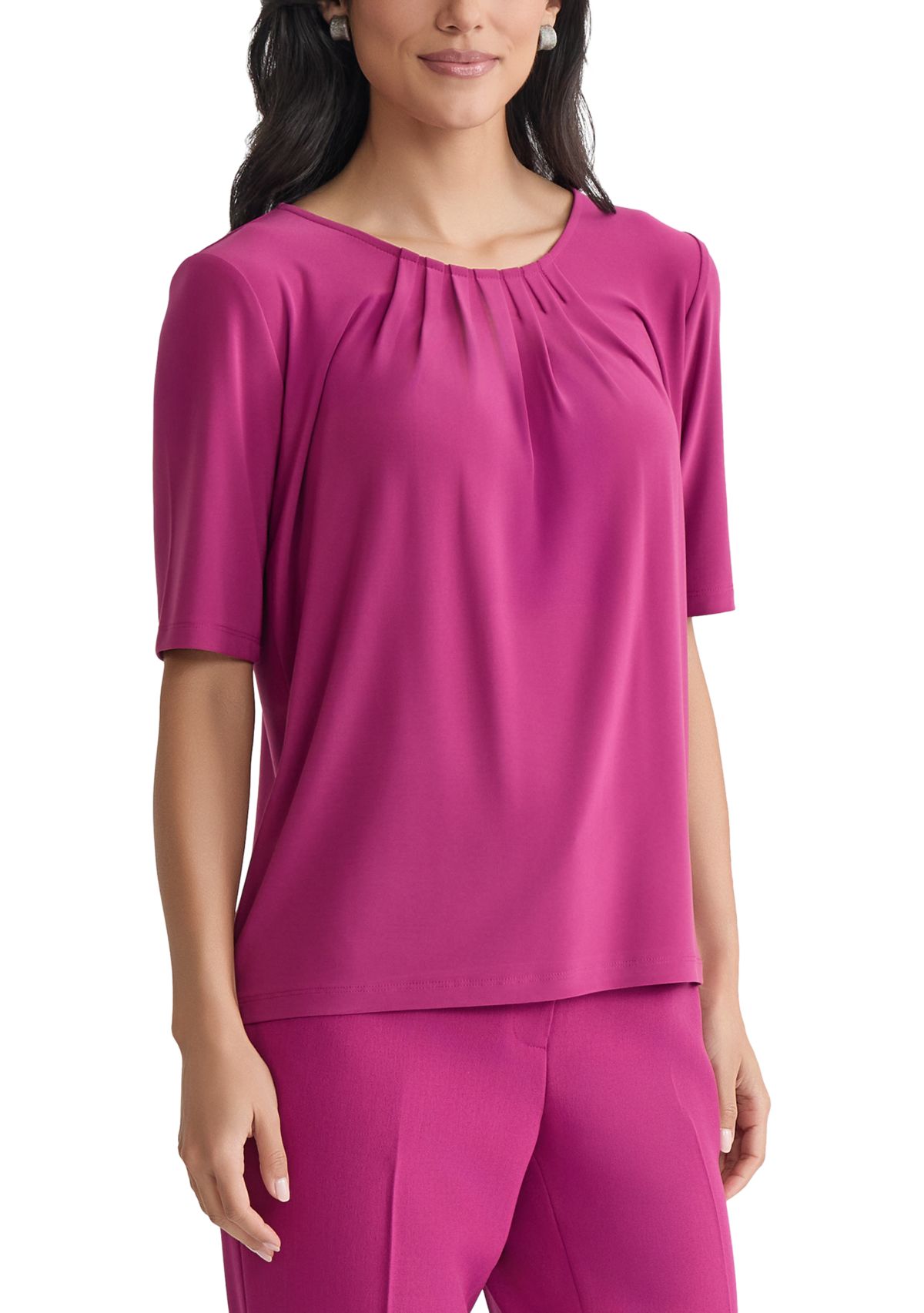 Womens Elbow Sleeve Pleat Neck Knit Top 