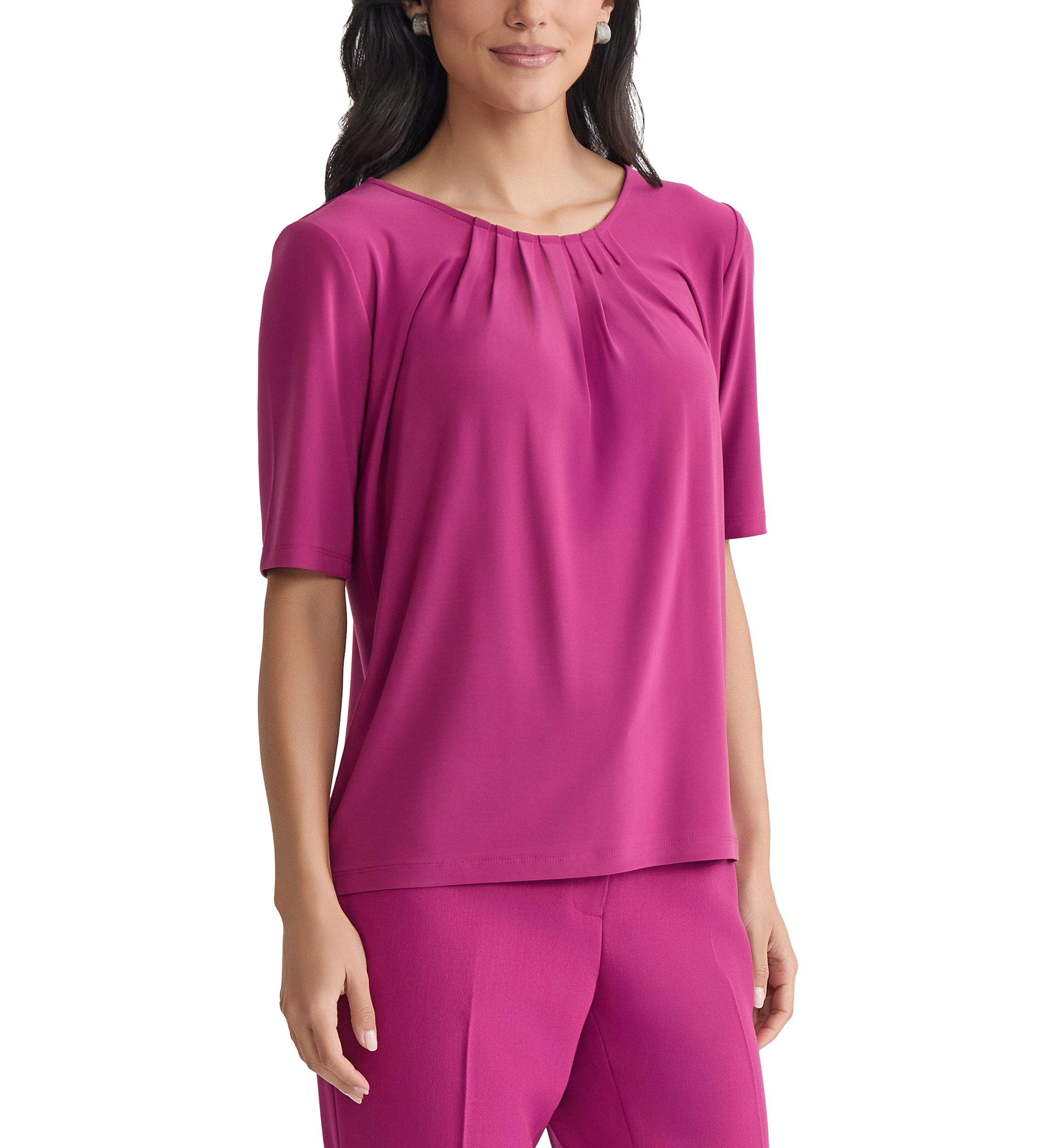 Womens Elbow Sleeve Pleat Neck Knit Top 