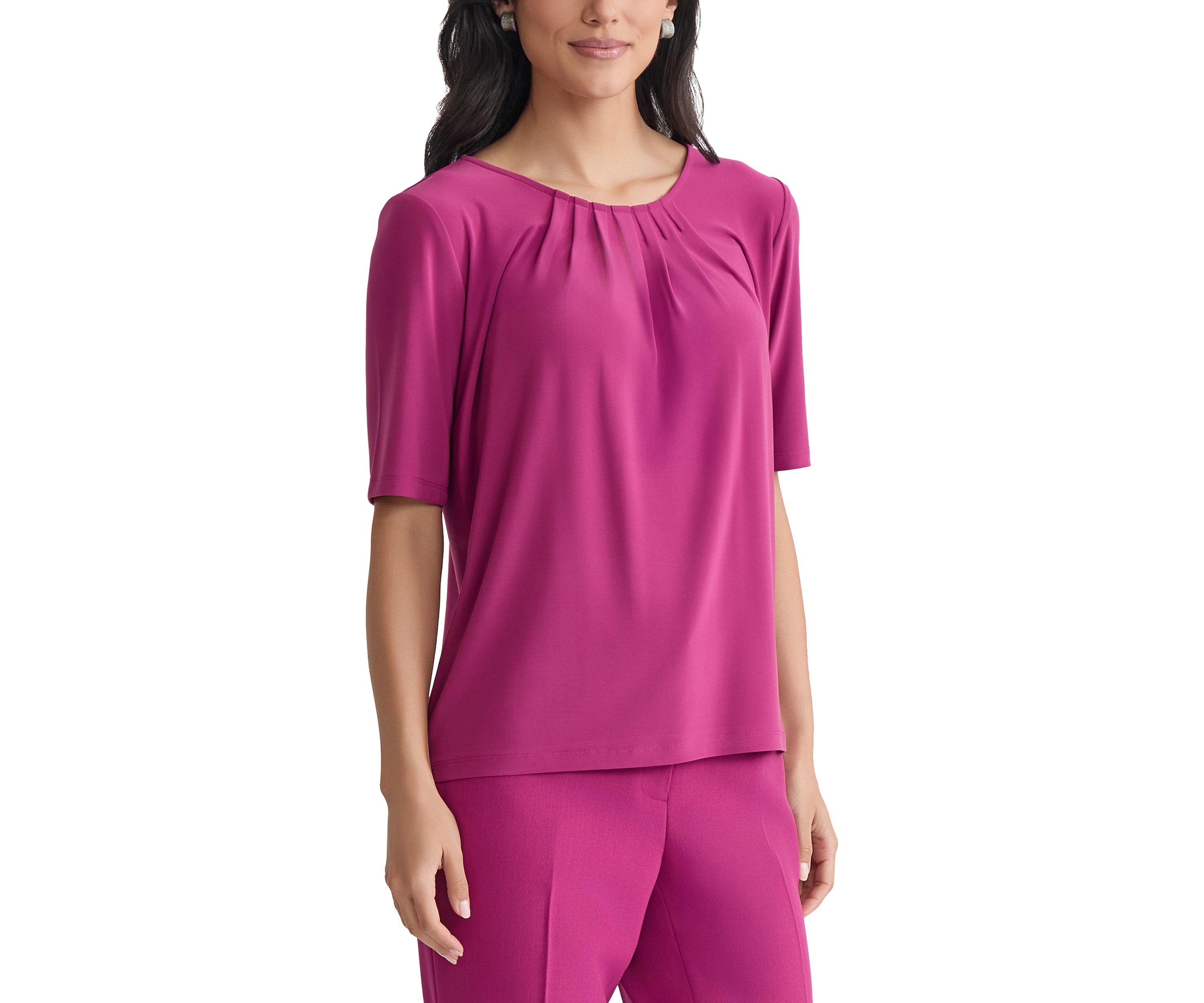 Womens Elbow Sleeve Pleat Neck Knit Top 