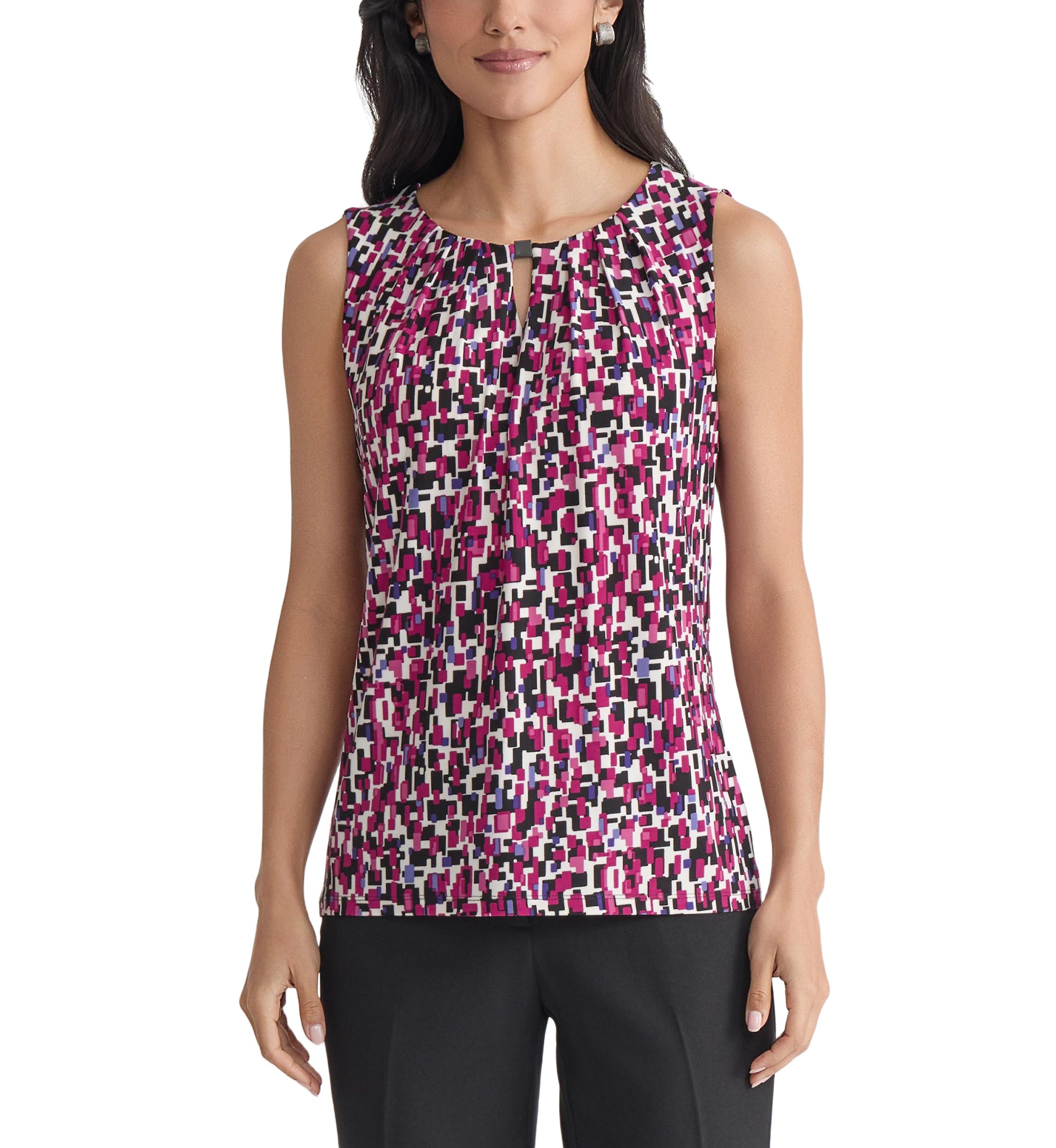 Womens Multi Printed Sleeveless Pleated Neck Knit Top