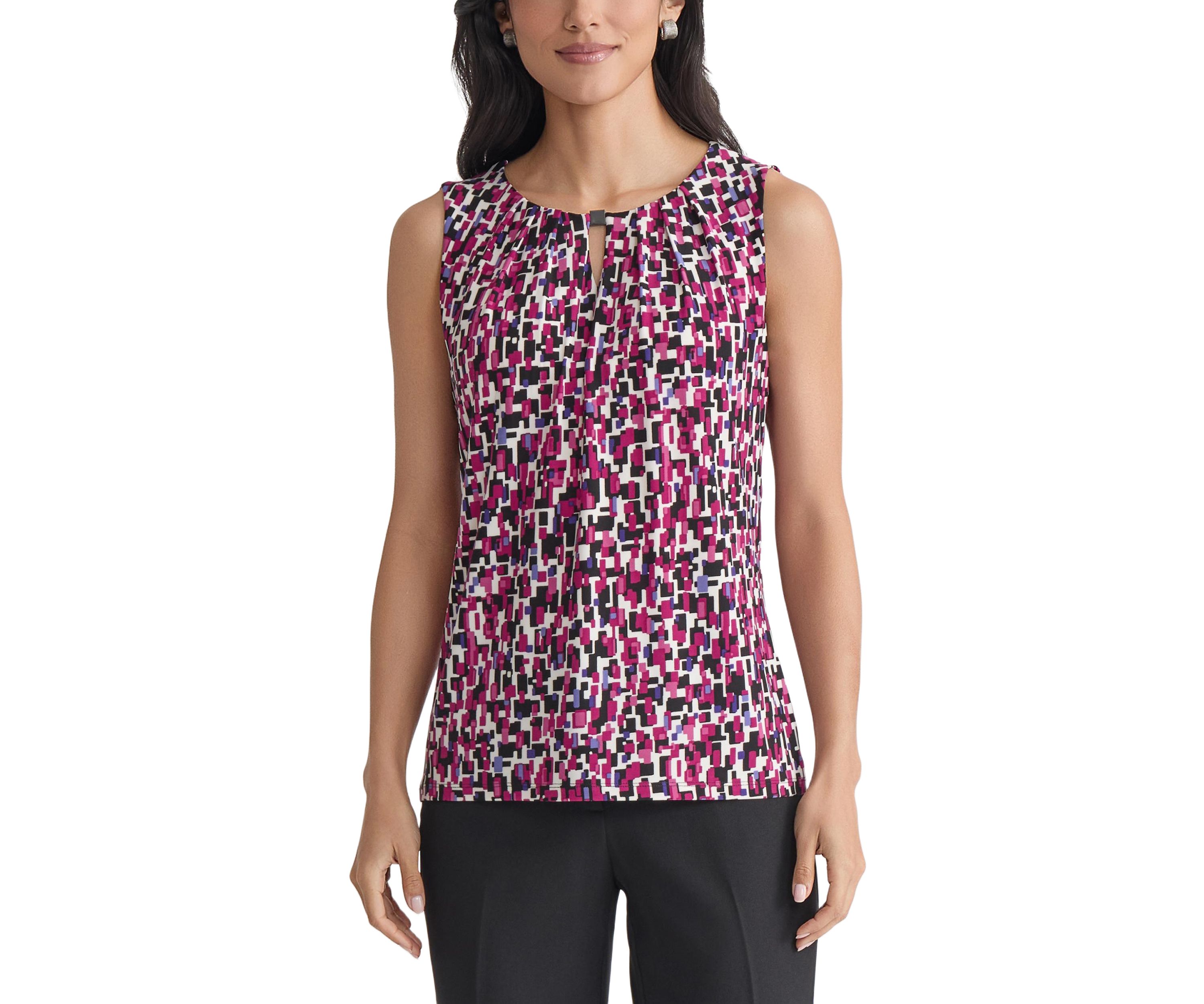 Womens Multi Printed Sleeveless Pleated Neck Knit Top