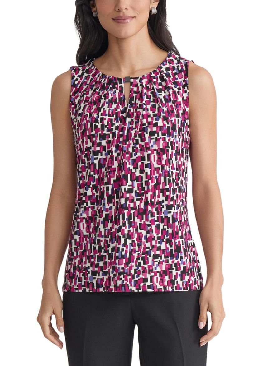 Womens Multi Printed Sleeveless Pleated Neck Knit Top