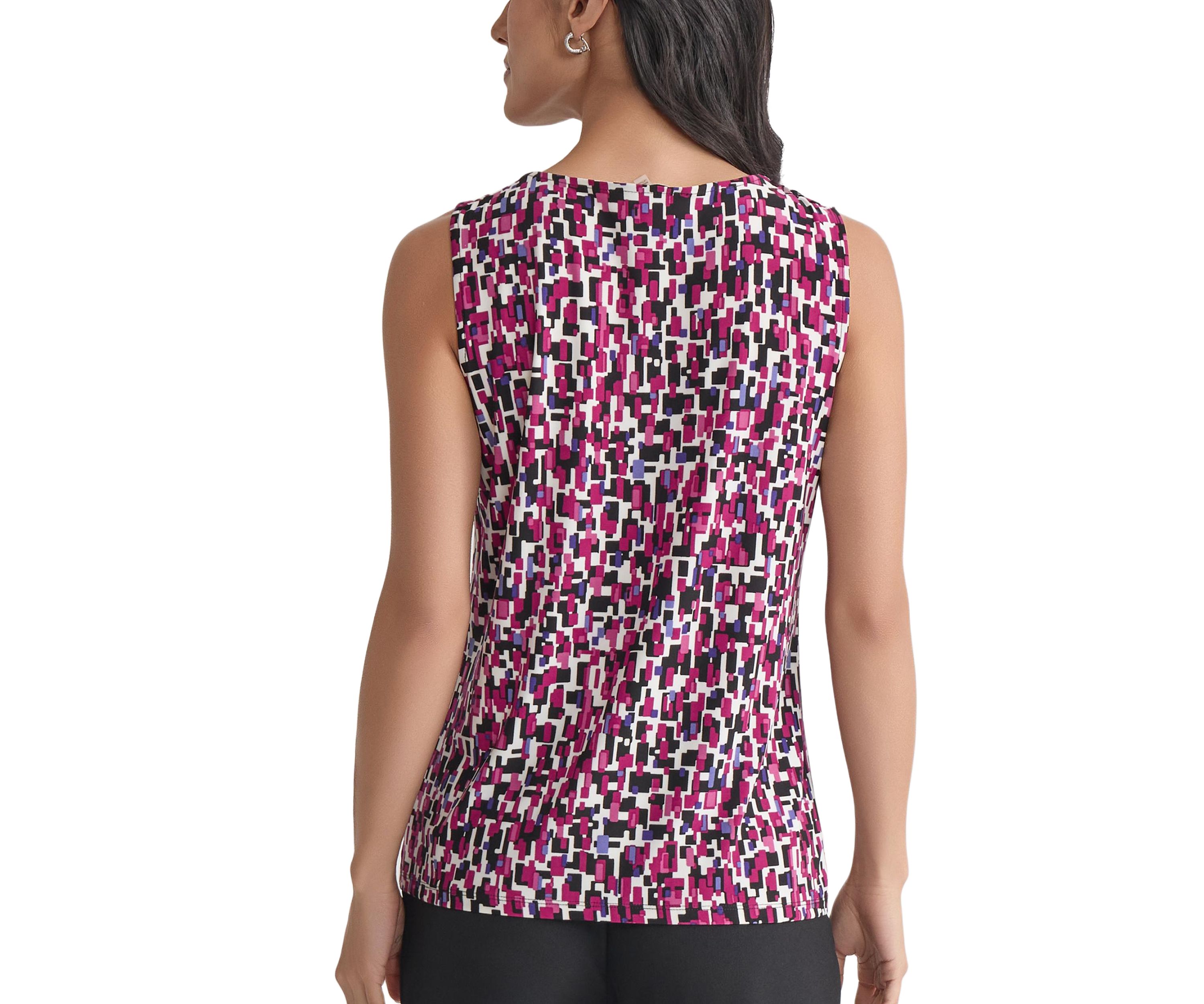 Womens Multi Printed Sleeveless Pleated Neck Knit Top