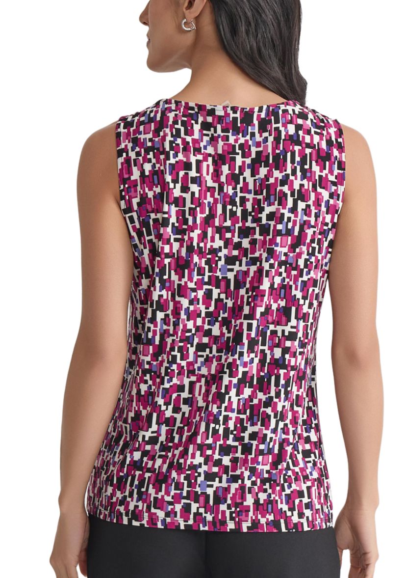 Womens Multi Printed Sleeveless Pleated Neck Knit Top