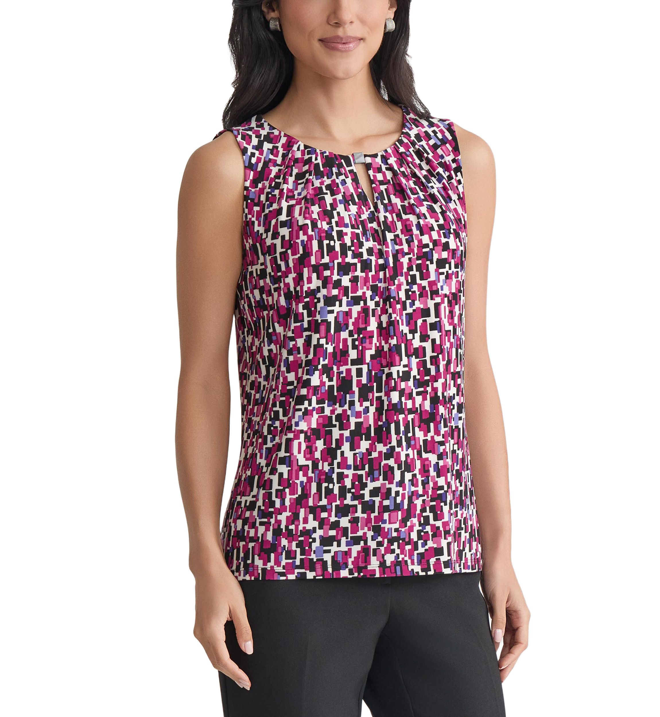Womens Multi Printed Sleeveless Pleated Neck Knit Top