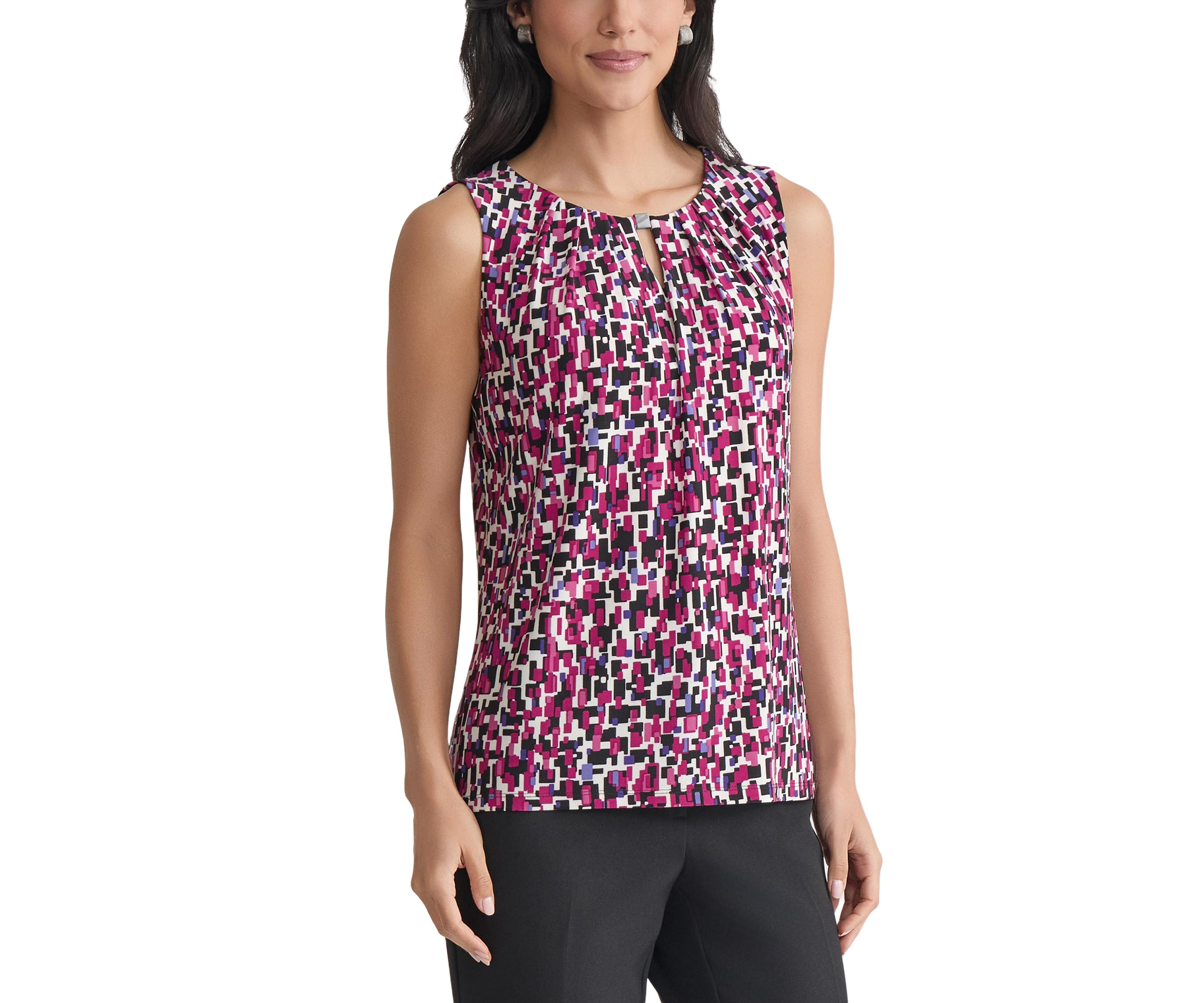 Womens Multi Printed Sleeveless Pleated Neck Knit Top