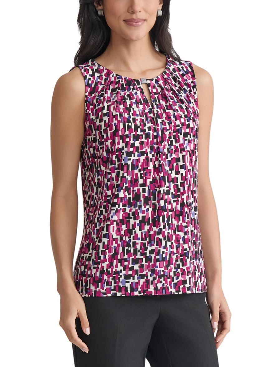 Womens Multi Printed Sleeveless Pleated Neck Knit Top