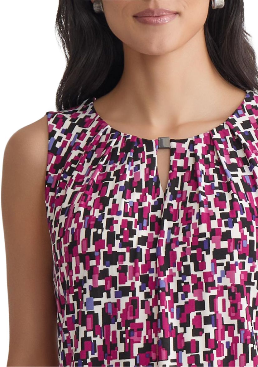 Womens Multi Printed Sleeveless Pleated Neck Knit Top