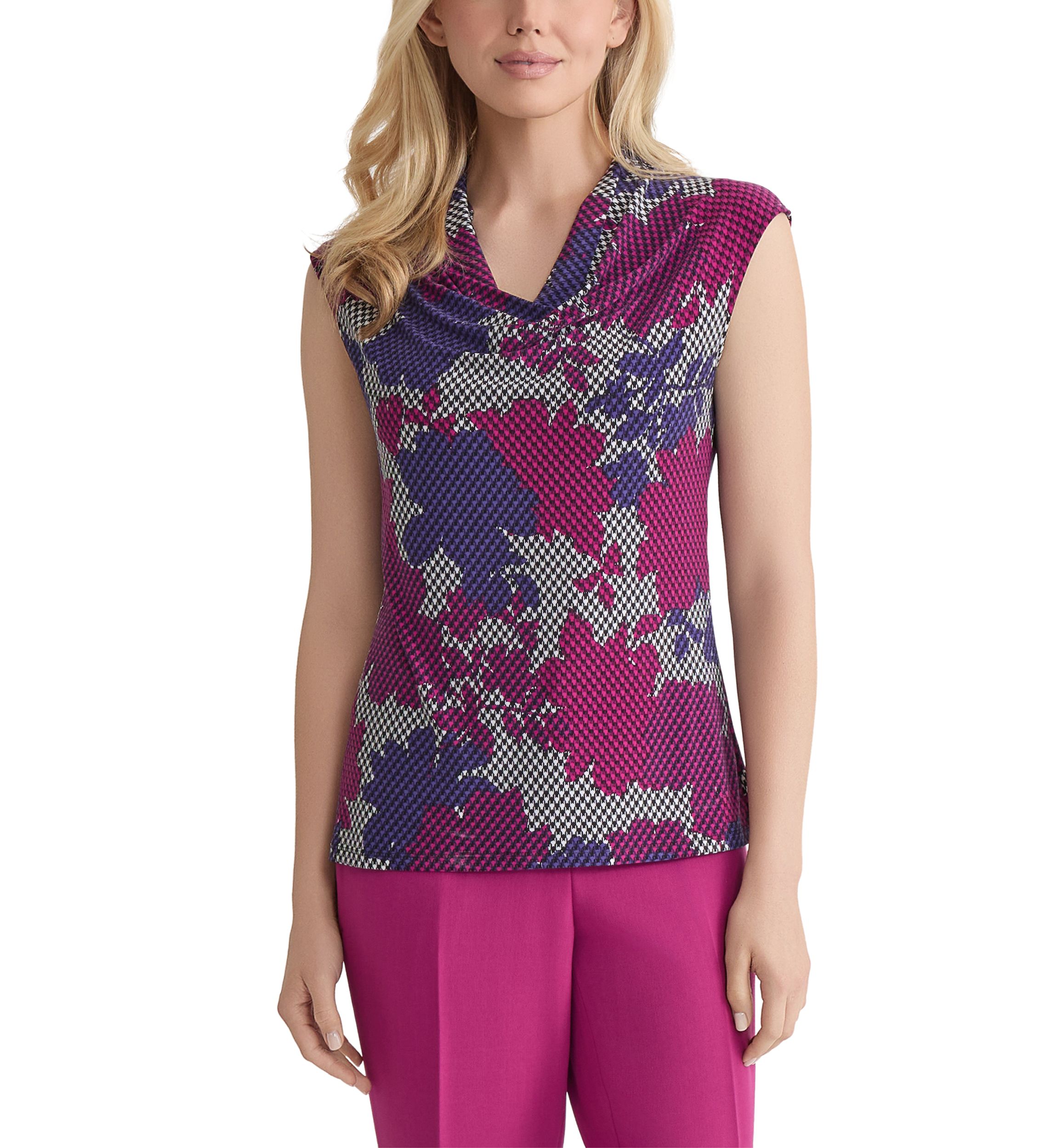 Womens Houndstooth Floral Printed Cowl Neck Knit Top