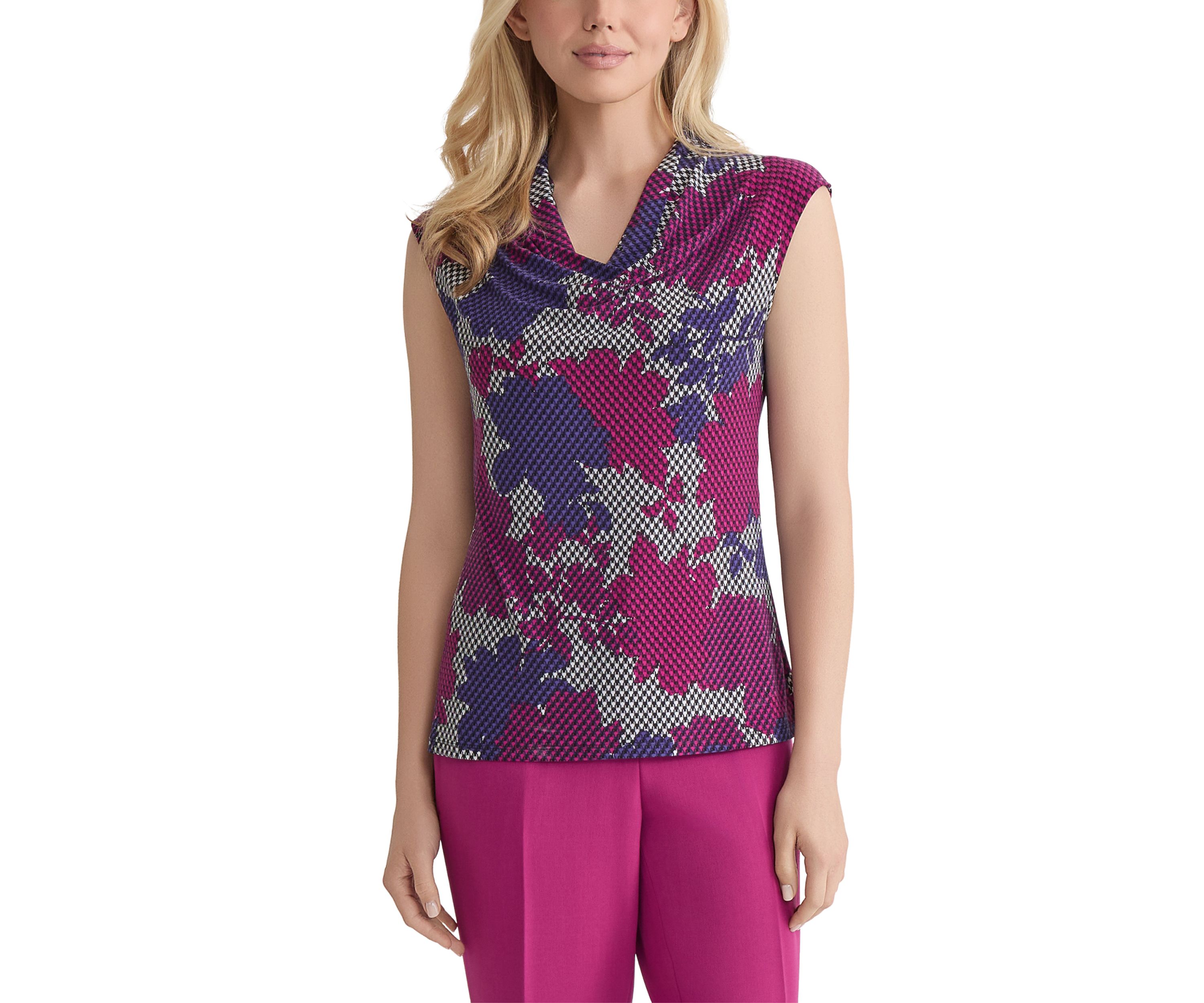 Womens Houndstooth Floral Printed Cowl Neck Knit Top